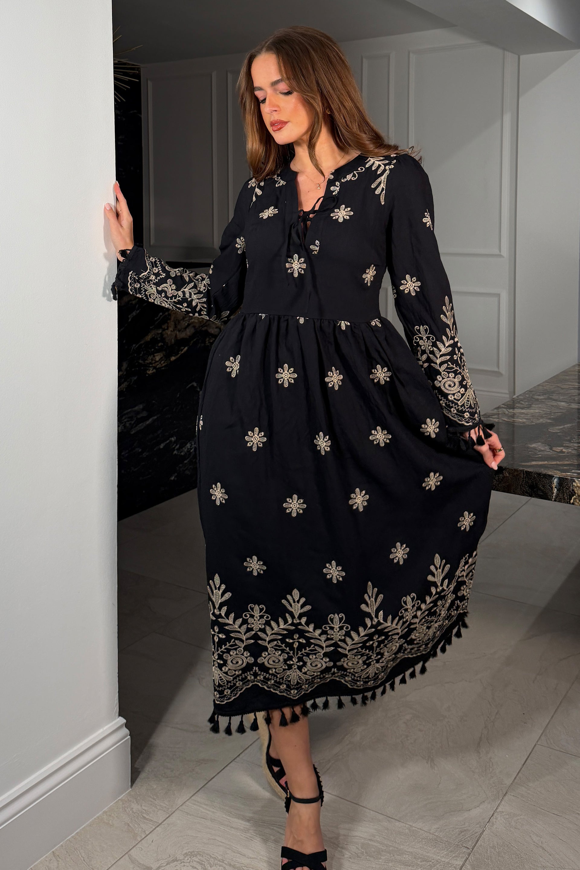 Enid Embroidered Maxi Dress Black