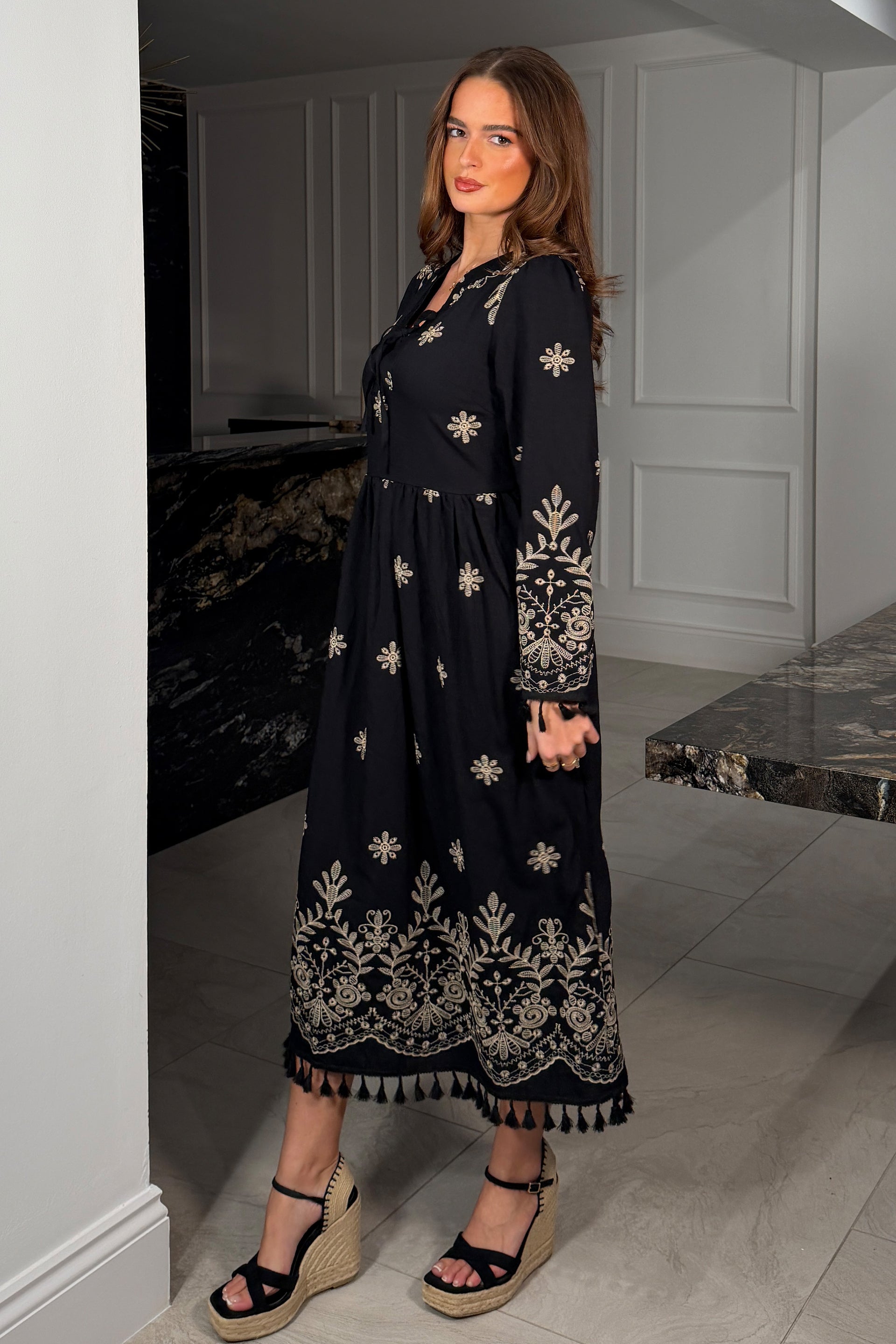 Enid Embroidered Maxi Dress Black