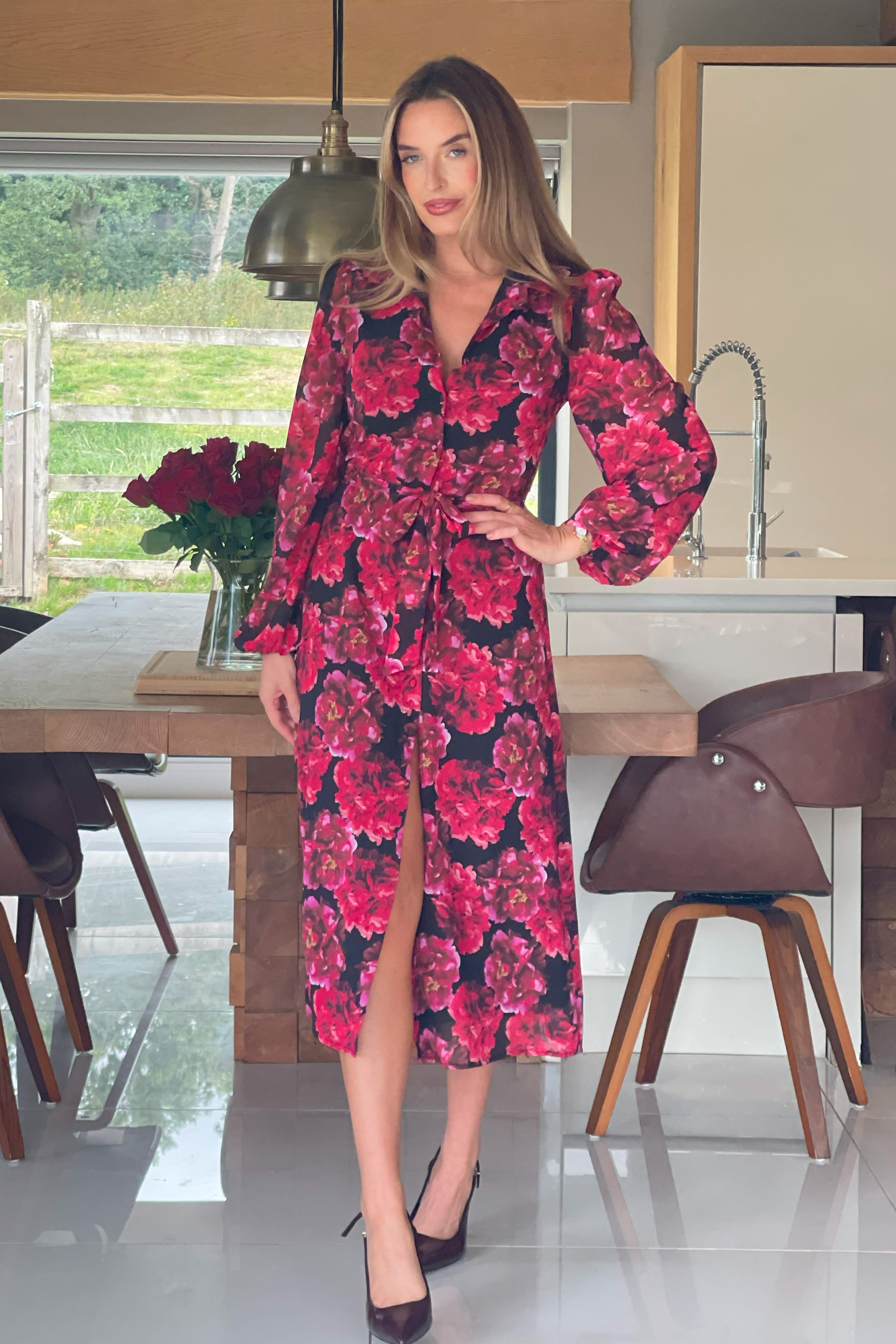 Kaya Red Floral Print Midi Shirt Dress