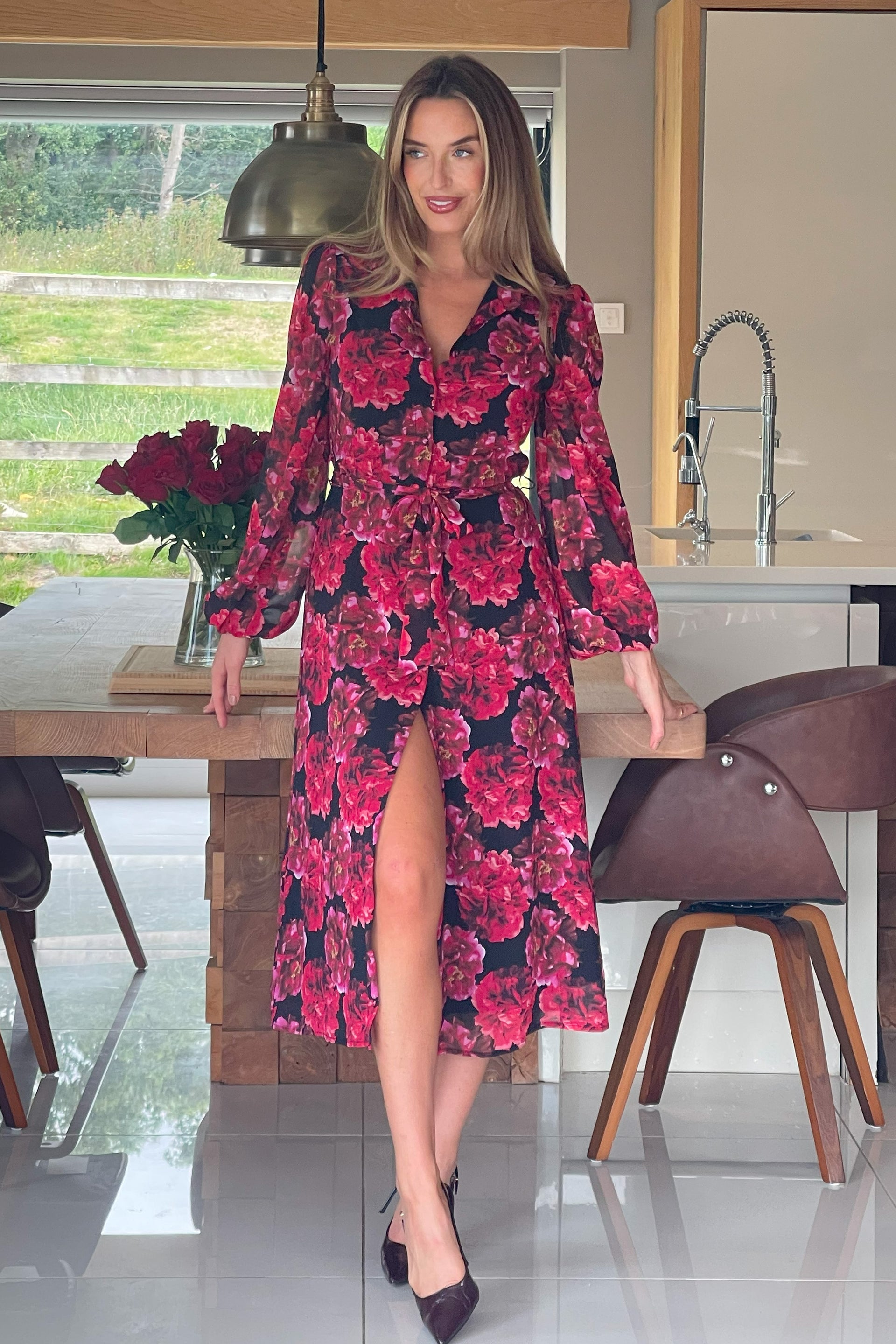Kaya Red Floral Print Midi Shirt Dress