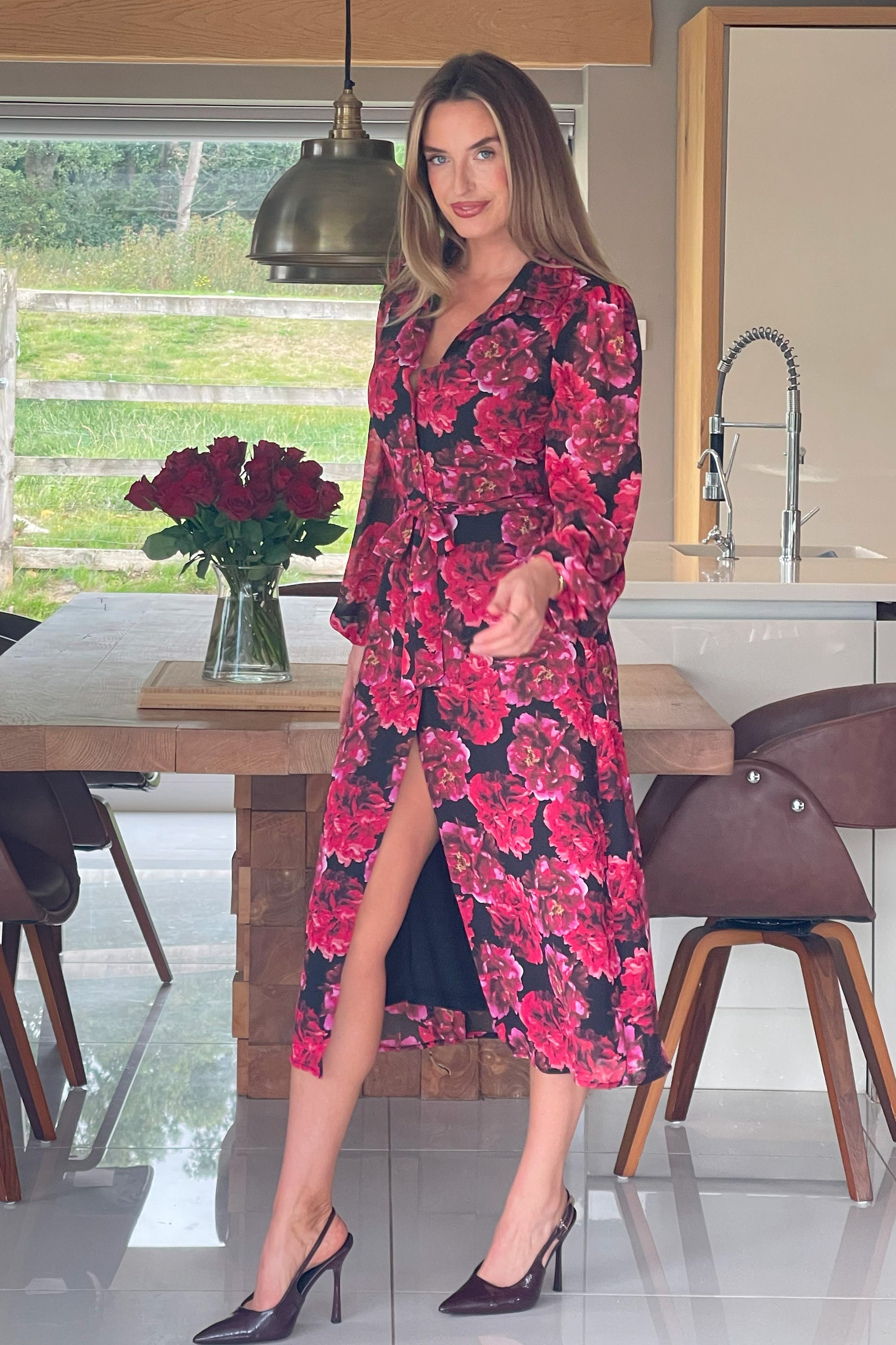 Kaya Red Floral Print Midi Shirt Dress