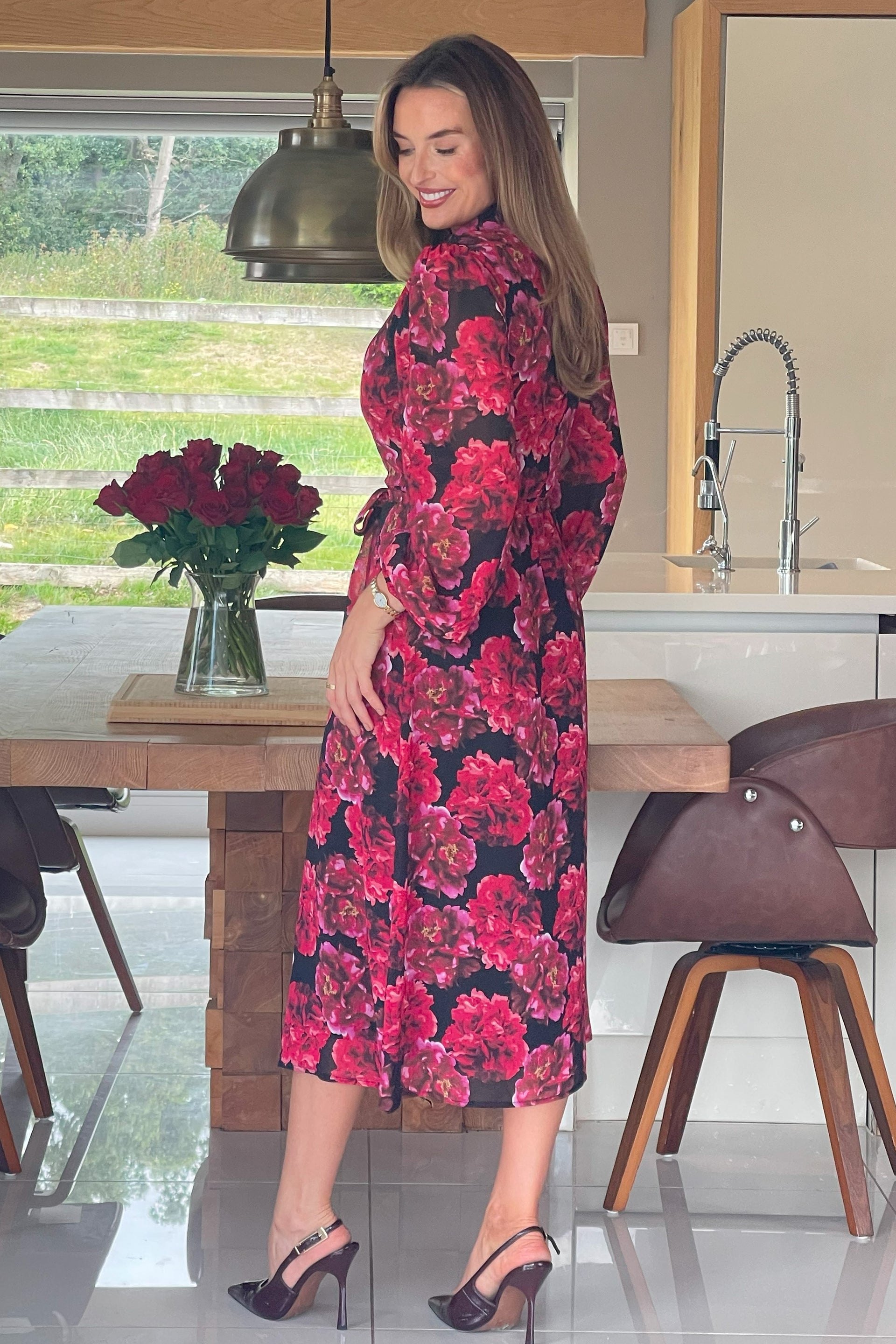 Kaya Red Floral Print Midi Shirt Dress