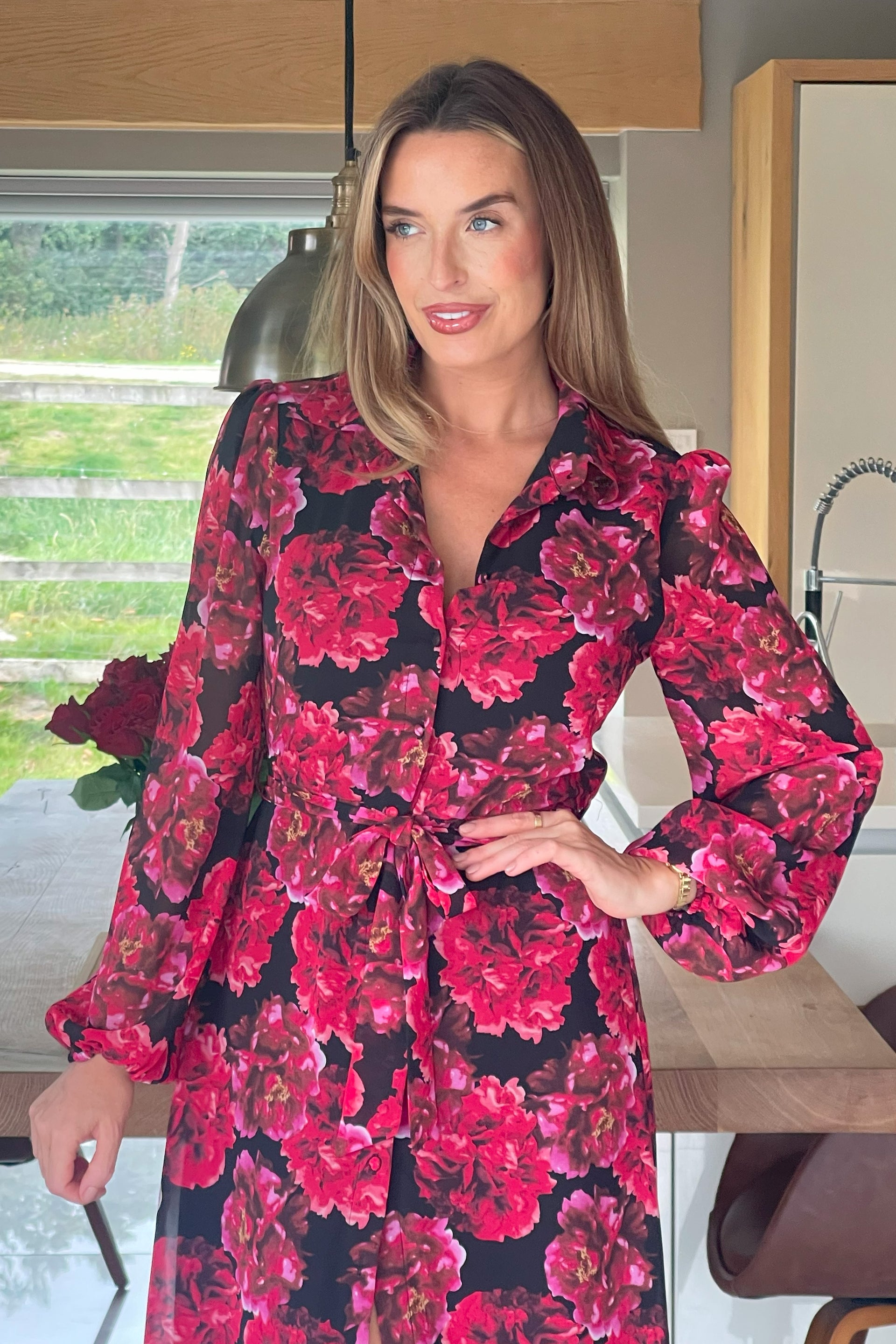 Kaya Red Floral Print Midi Shirt Dress