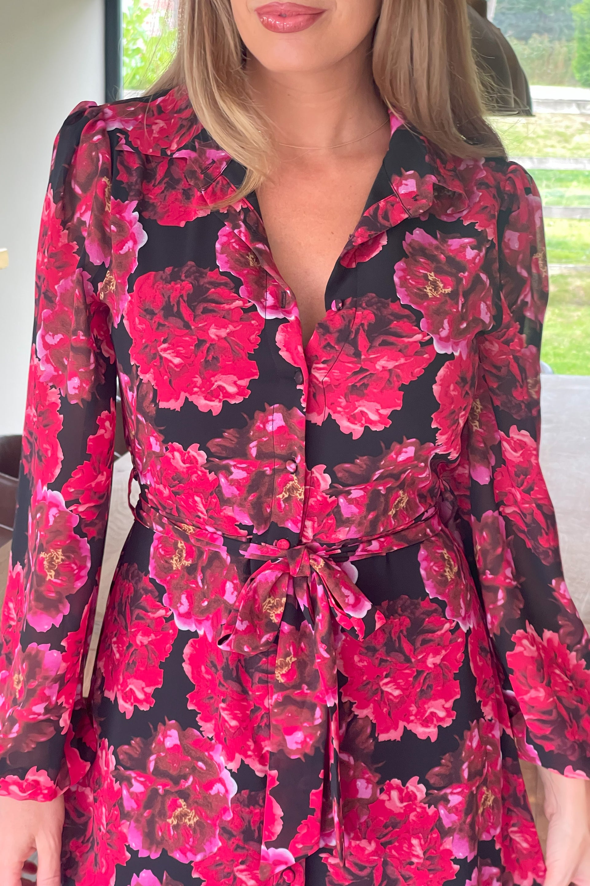 Kaya Red Floral Print Midi Shirt Dress