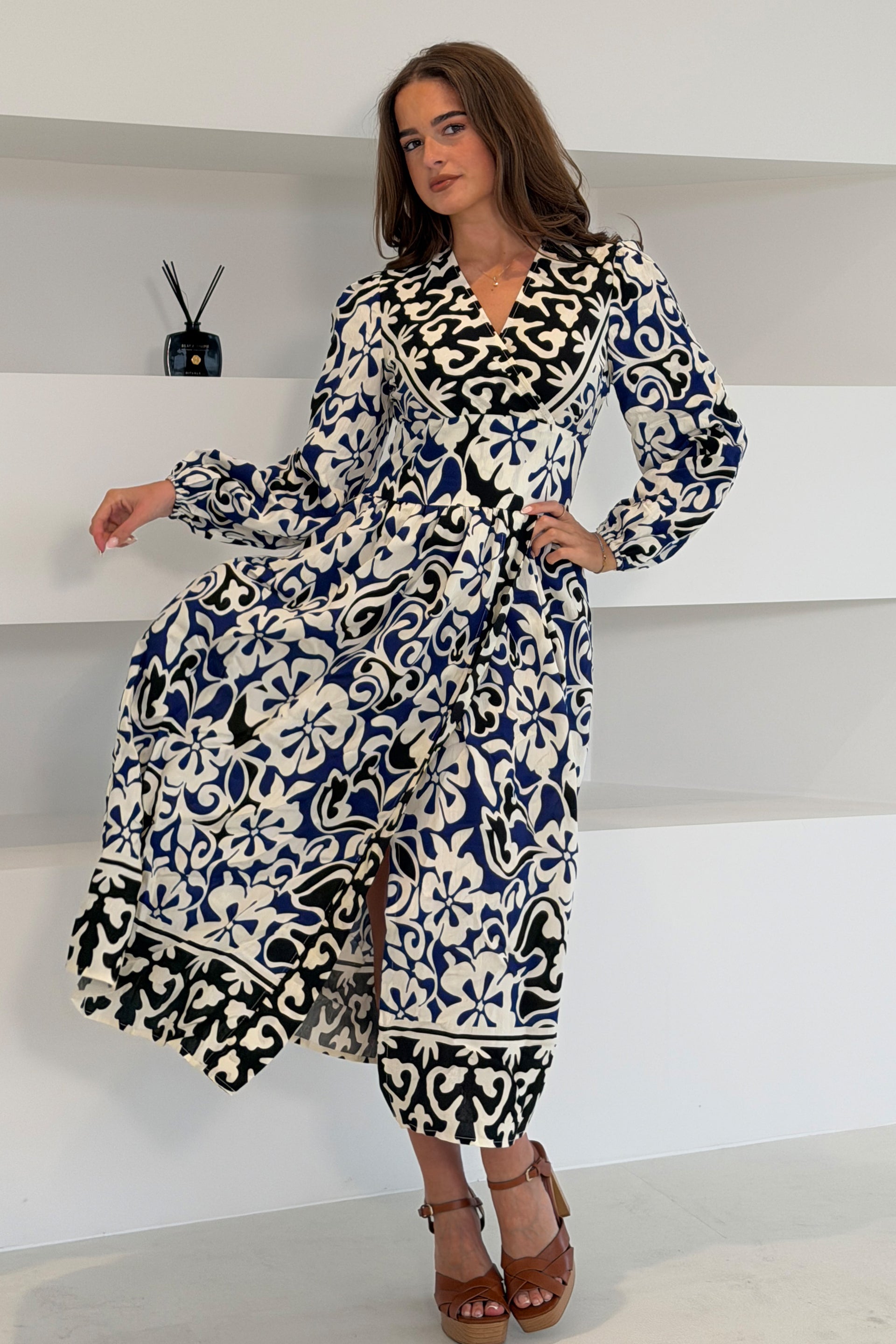 Juno Border Print Long Sleeve Maxi Dress Blue