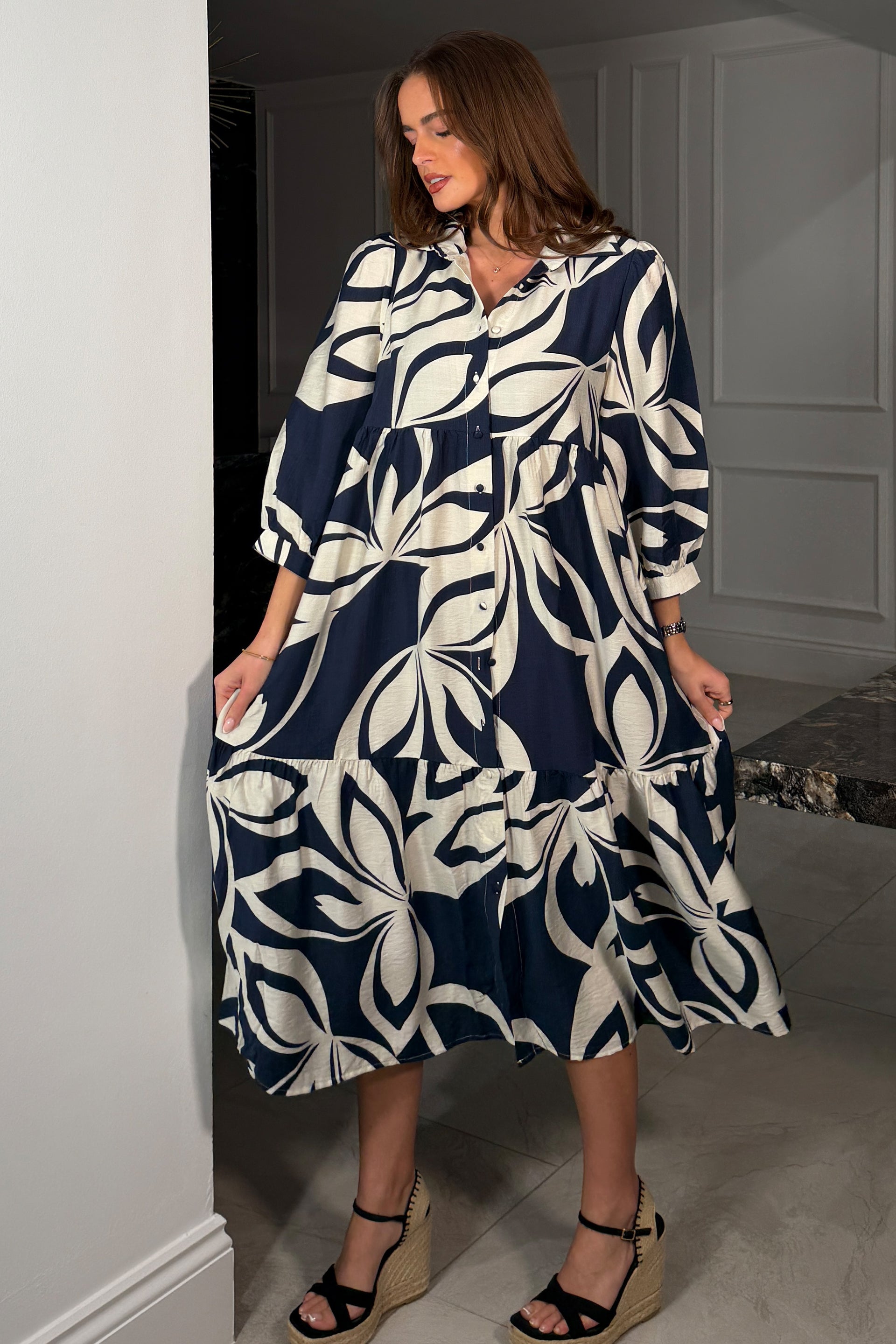 Emery 3/4 Sleeve Smock Maxi Shirt Dress Navy – Girl In Mind