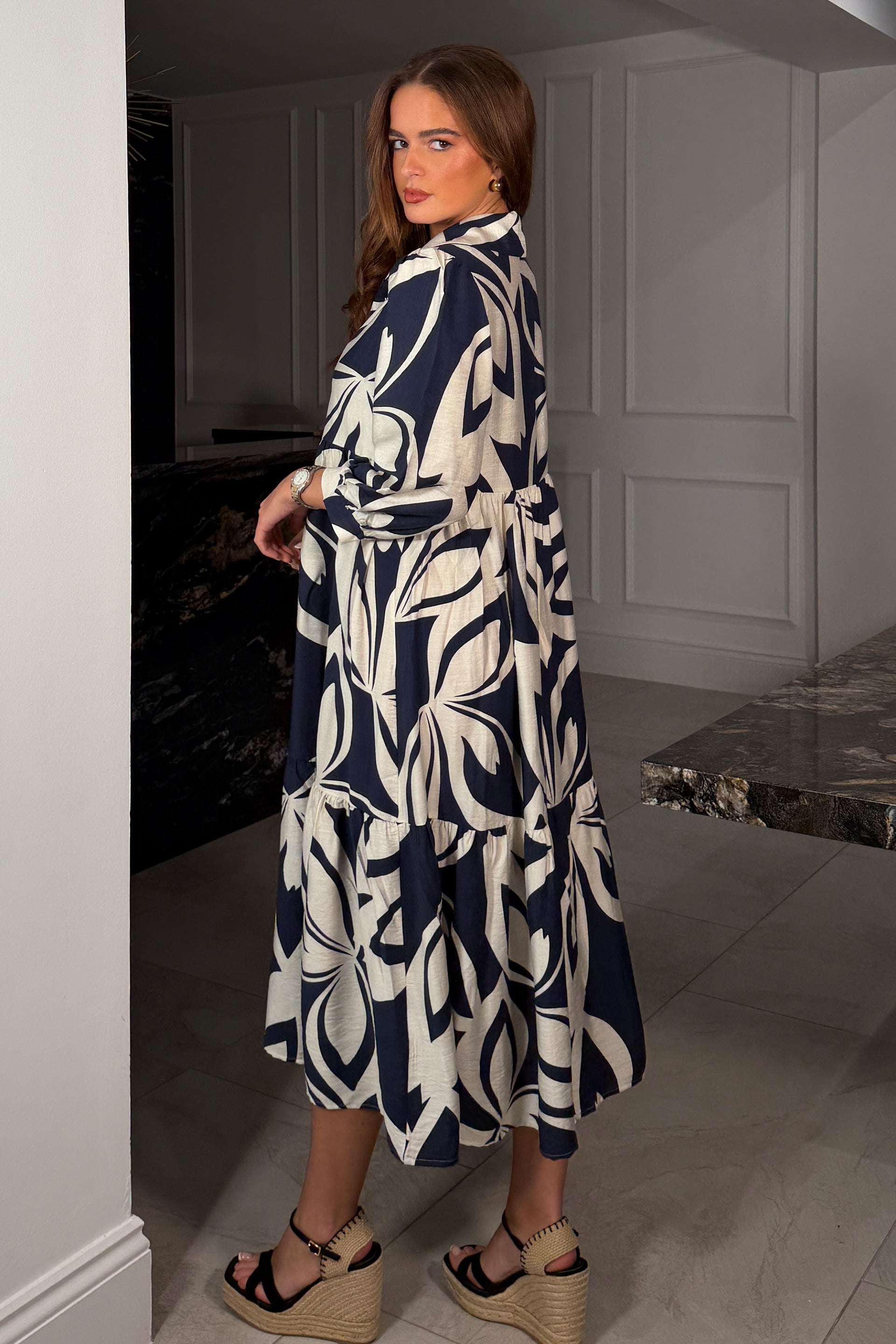 Emery 3/4 Sleeve Smock Maxi Shirt Dress Navy – Girl In Mind