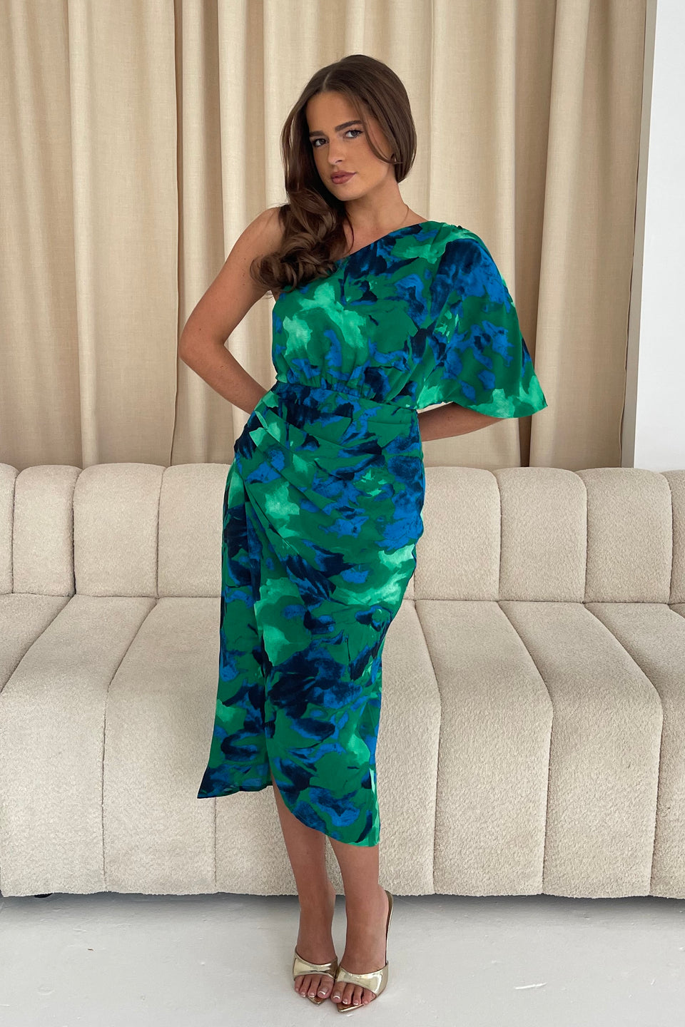 Ira One Shoulder Floral Wrap Skirt Midi Dress Green