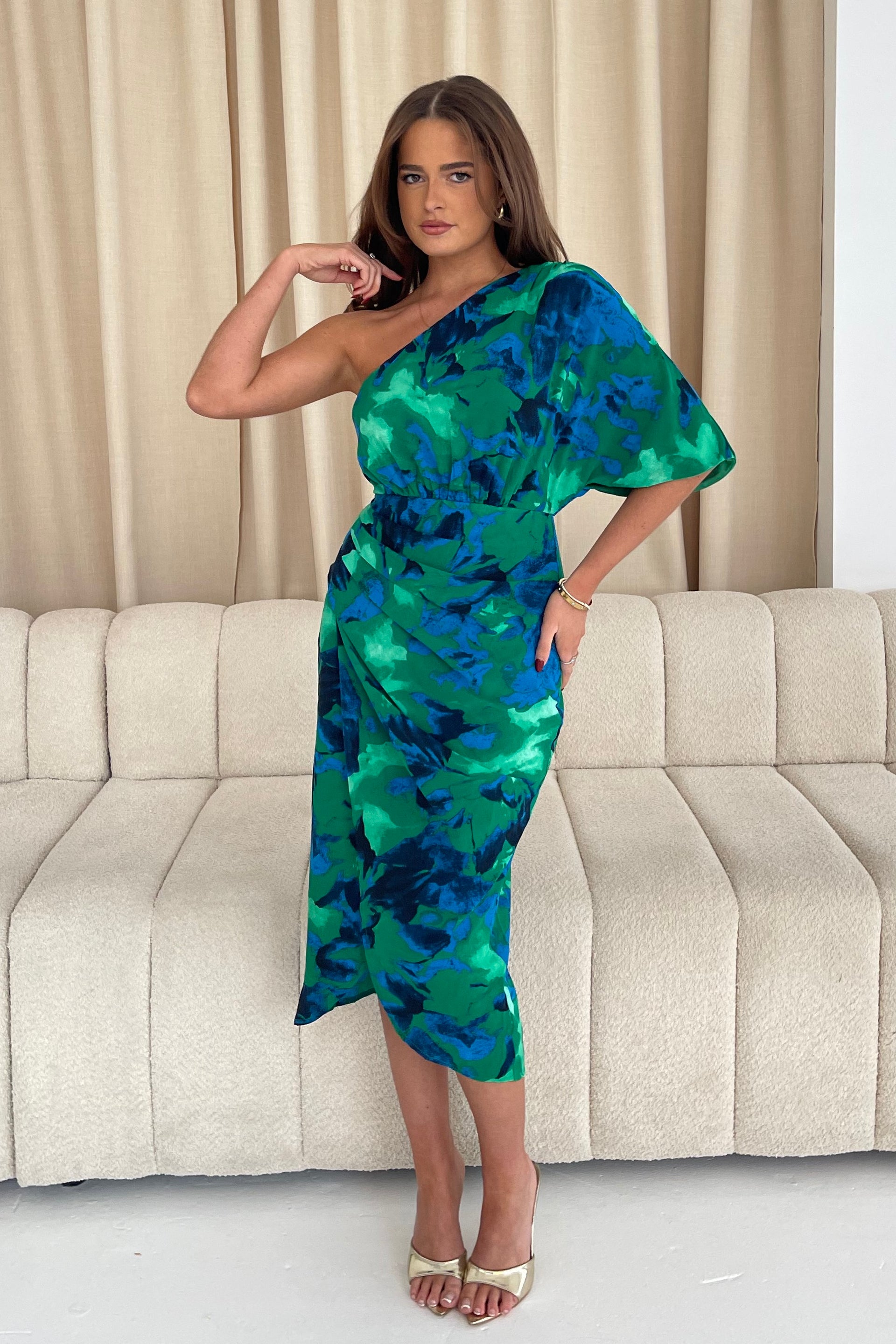 one shoulder wrap dress Ira One Shoulder Floral Wrap Midi Dress Green – Girl In Mind