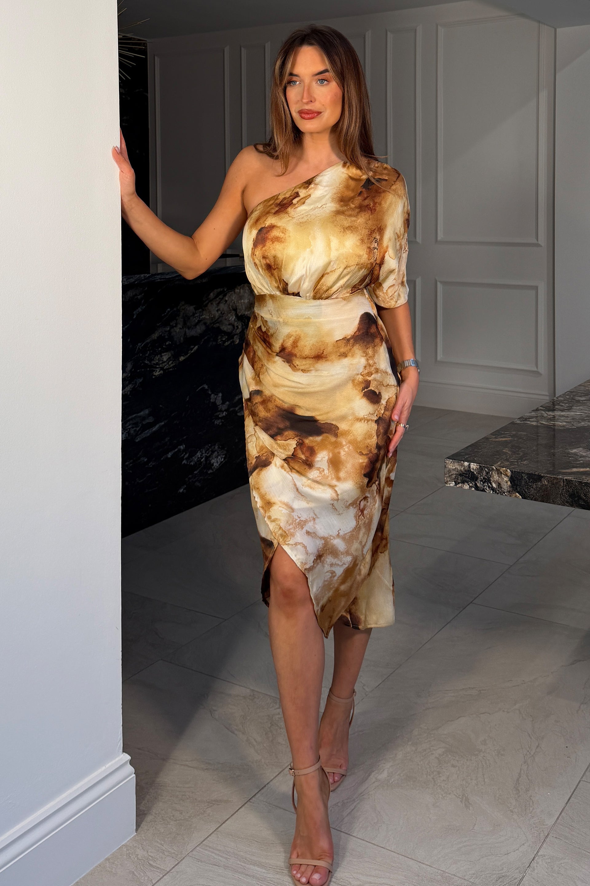 Ira One Shoulder Wrap Midi Dress Gold Print Girl In Mind Ira One Shoulder Wrap Midi Dress Gold Print Girl In Mind