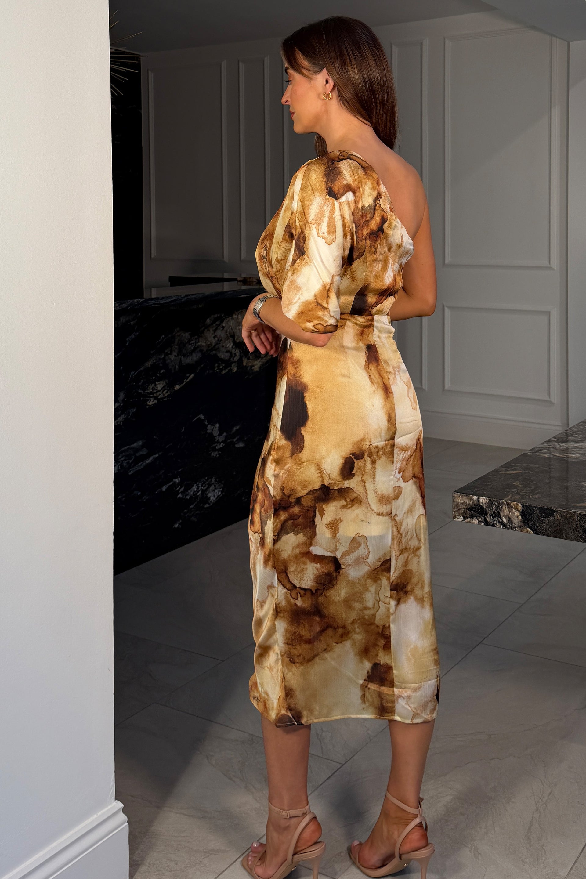 Ira One Shoulder Wrap Midi Dress Gold Print – Girl In Mind