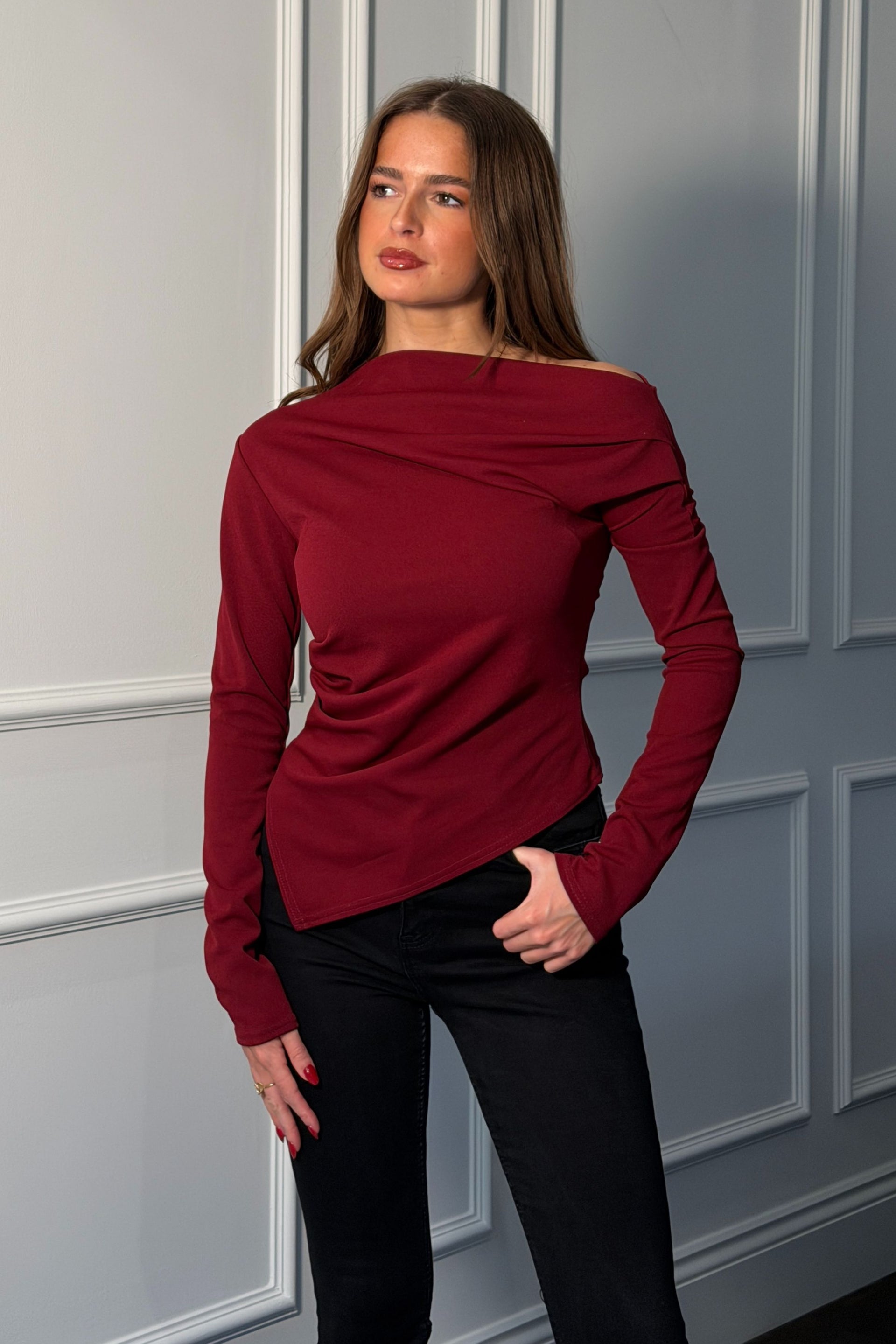 Lowen Asymmetric Neckline Long Sleeve Top Wine