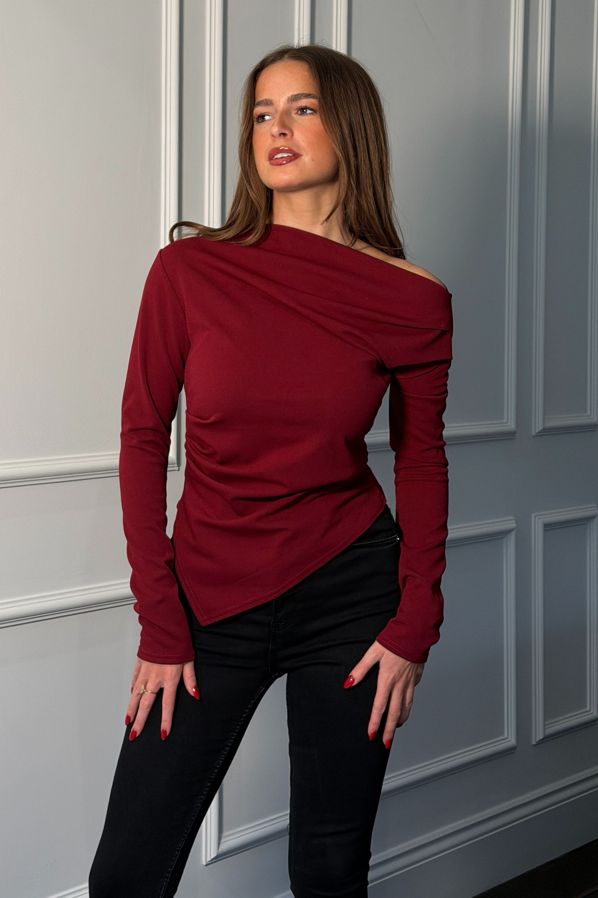 Lowen Asymmetric Neckline Long Sleeve Top Wine