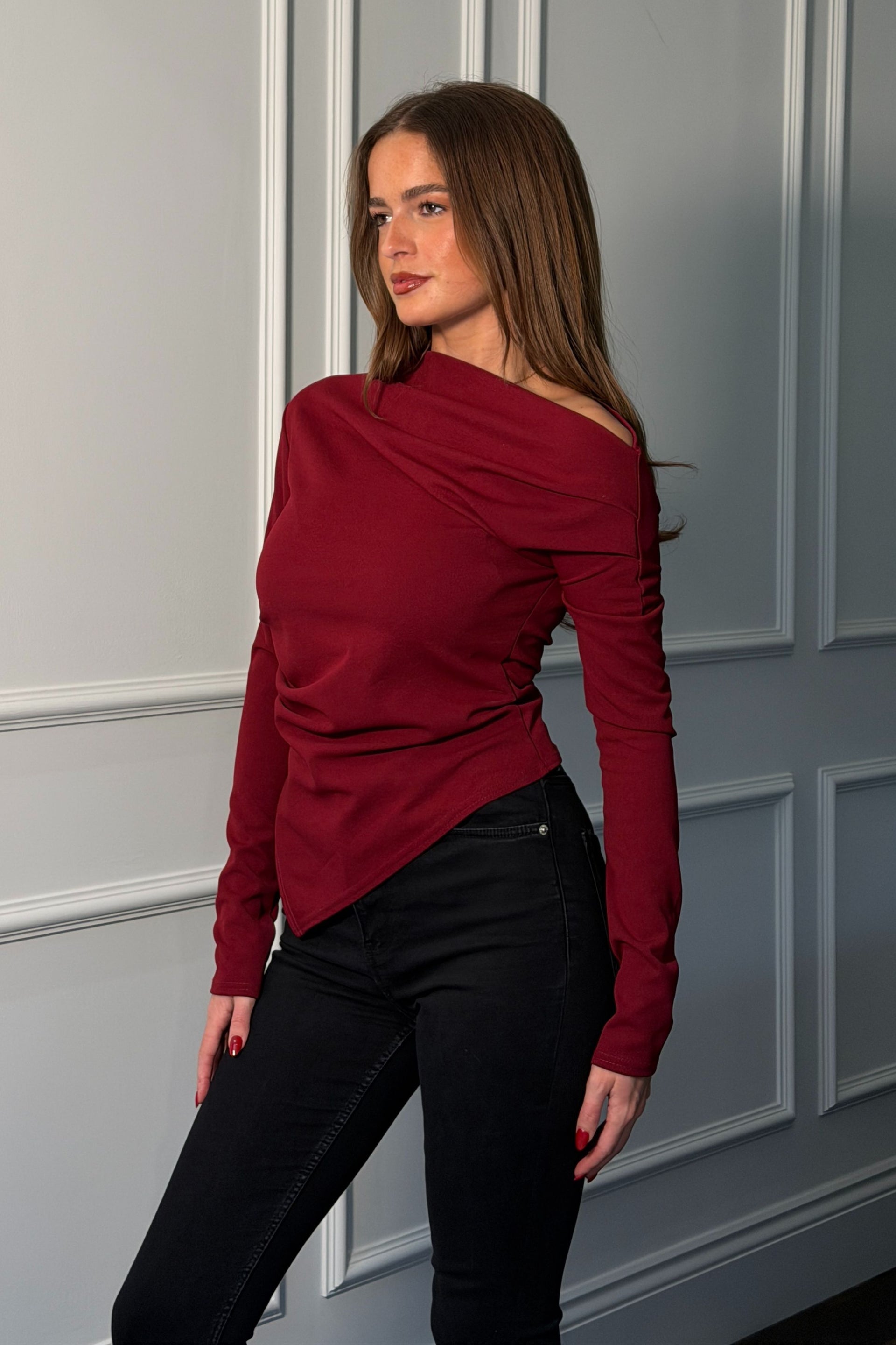 Lowen Asymmetric Neckline Long Sleeve Top Wine