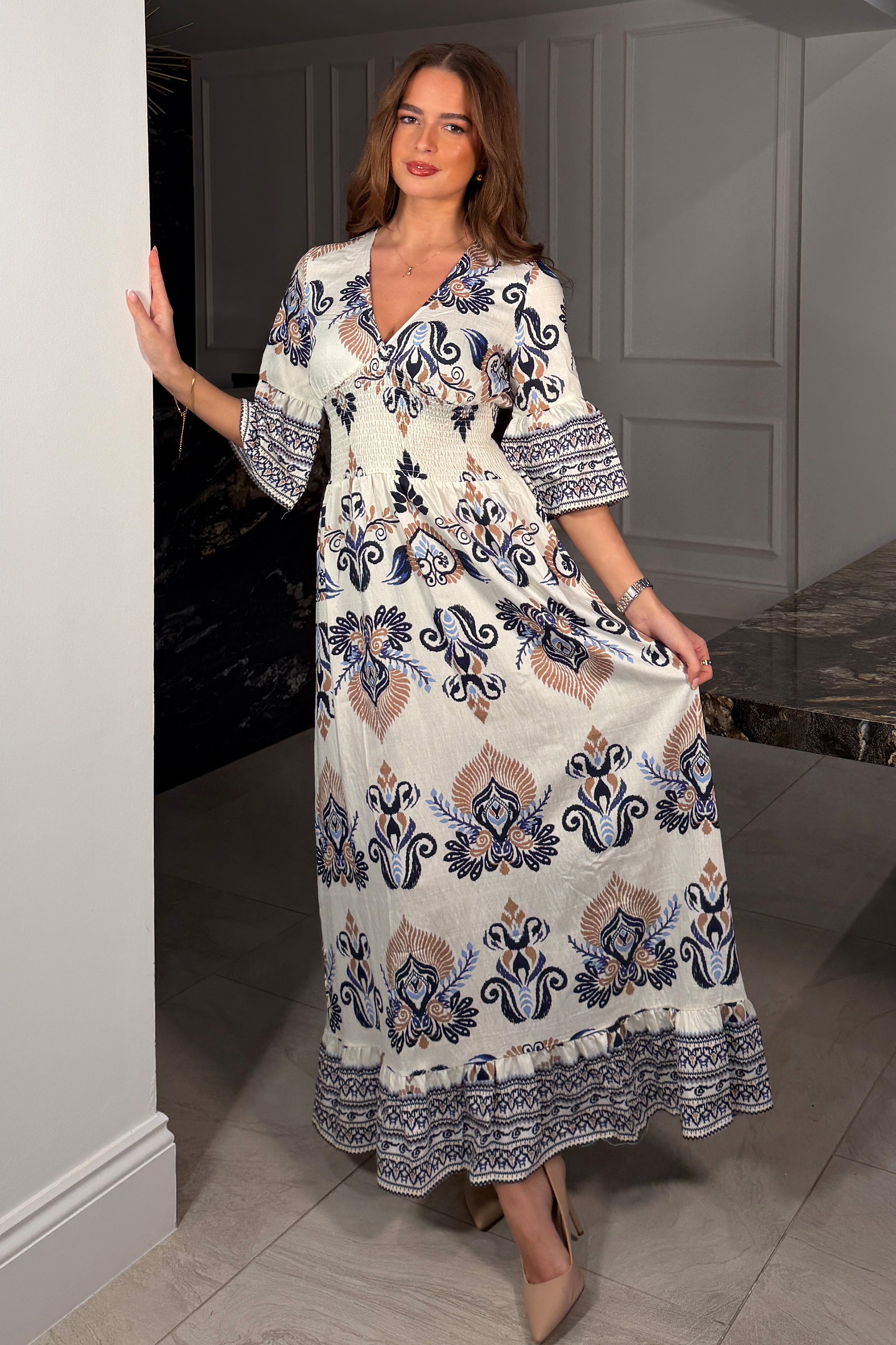 Dorothy Border Print Maxi Dress Blue
