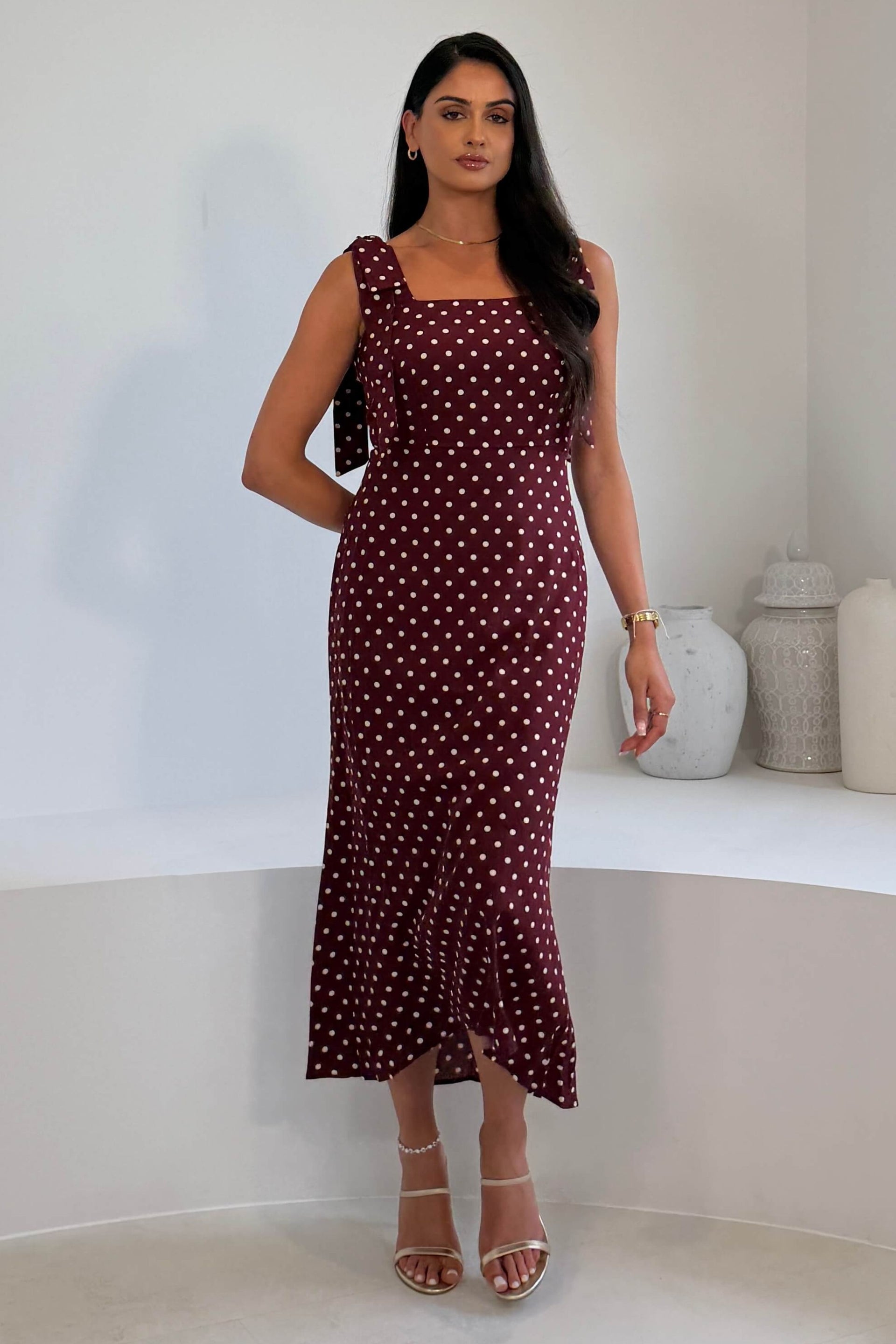 Jovi Tie Shoulder Square Neck Midi Dress Berry Spot