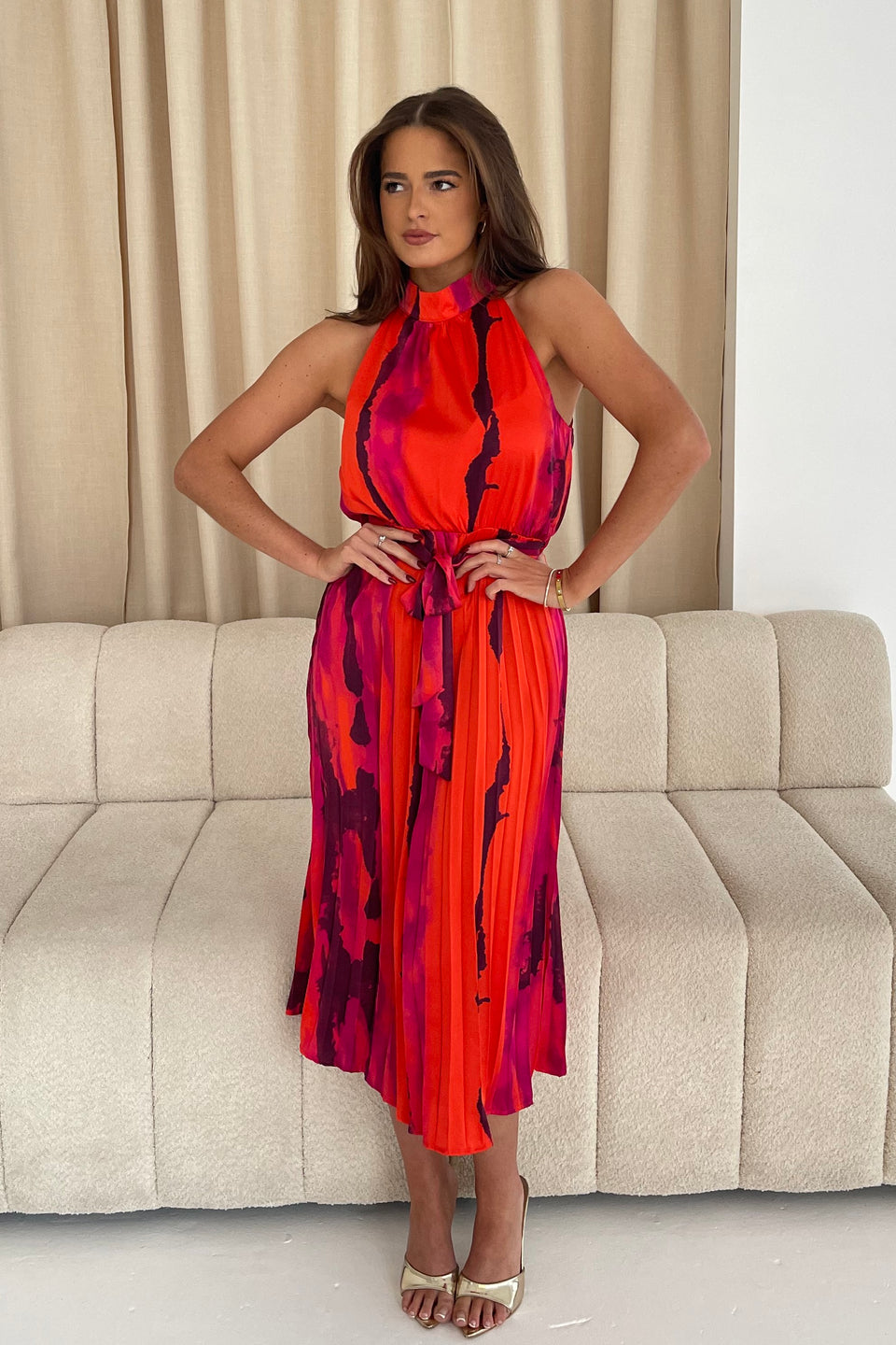 Carla Red Marble Pleated Midi Dress