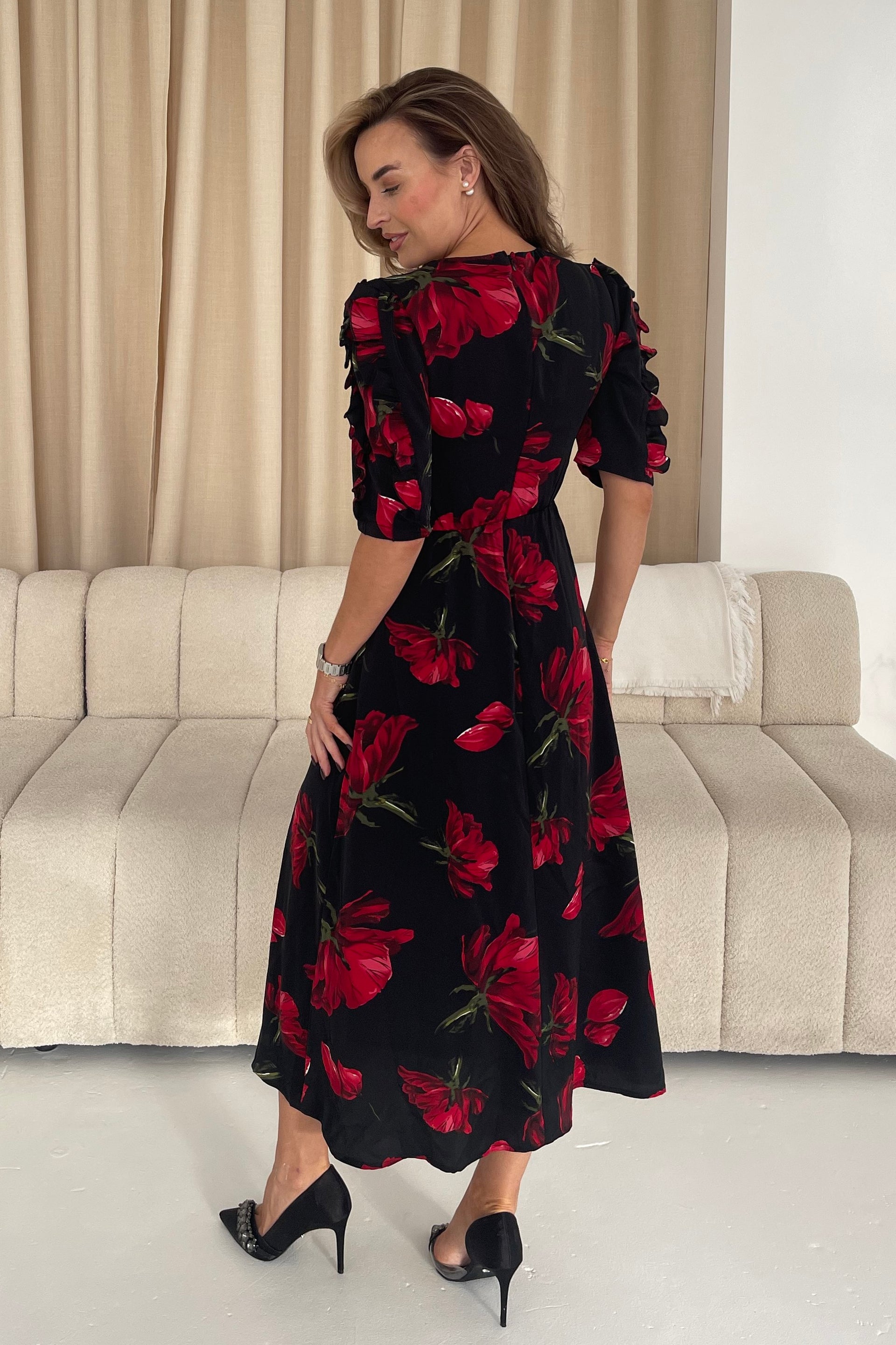 Samira Black Floral Frill Sleeve Midi Dress Black