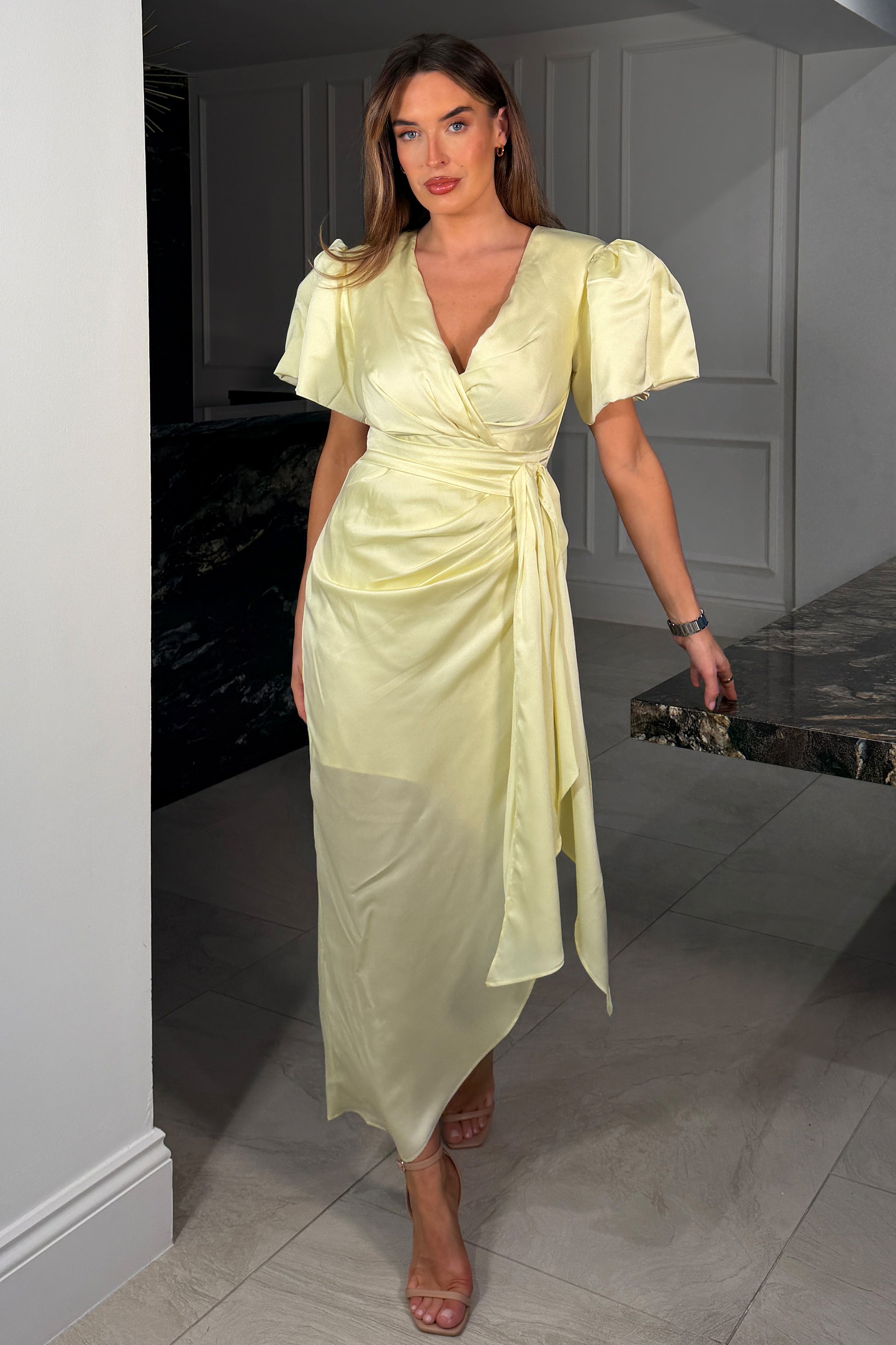 Drew Puff Sleeve Wrap Front Midi Dress Yellow