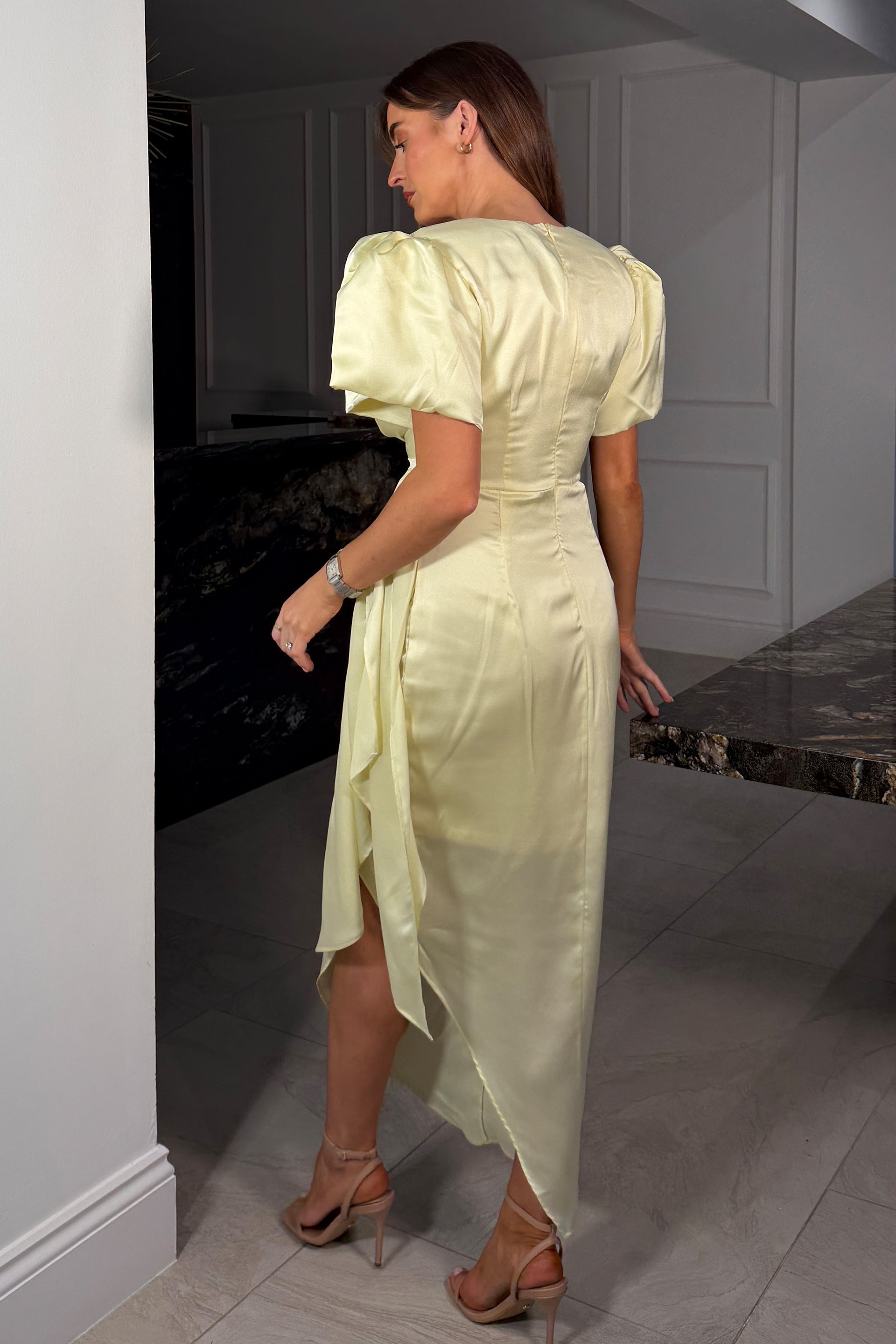 Drew Puff Sleeve Wrap Front Midi Dress Yellow