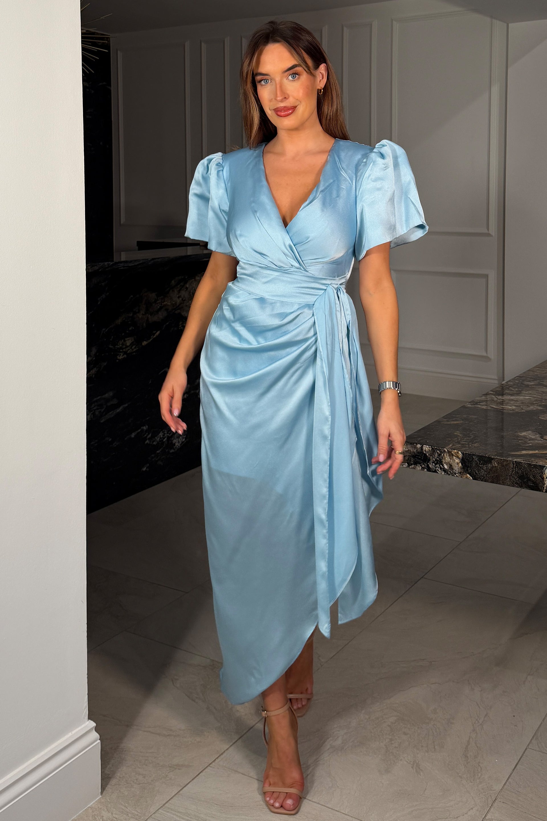 Drew Puff Sleeve Wrap Front Midi Dress Sky Blue Girl In Mind Drew Puff Sleeve Wrap Front Midi Dress Sky Blue Girl In Mind