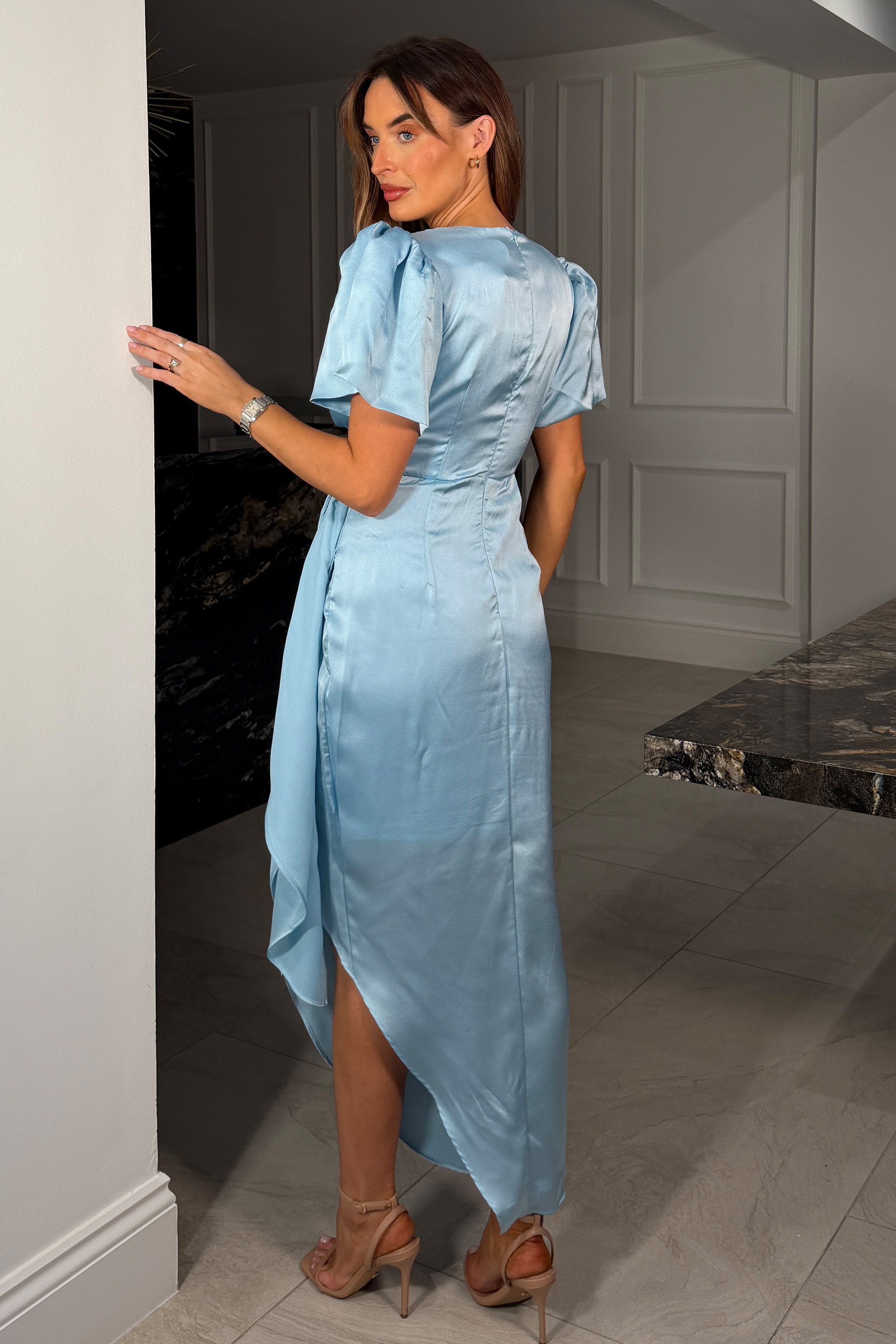 Drew Puff Sleeve Wrap Front Midi Dress Sky Blue