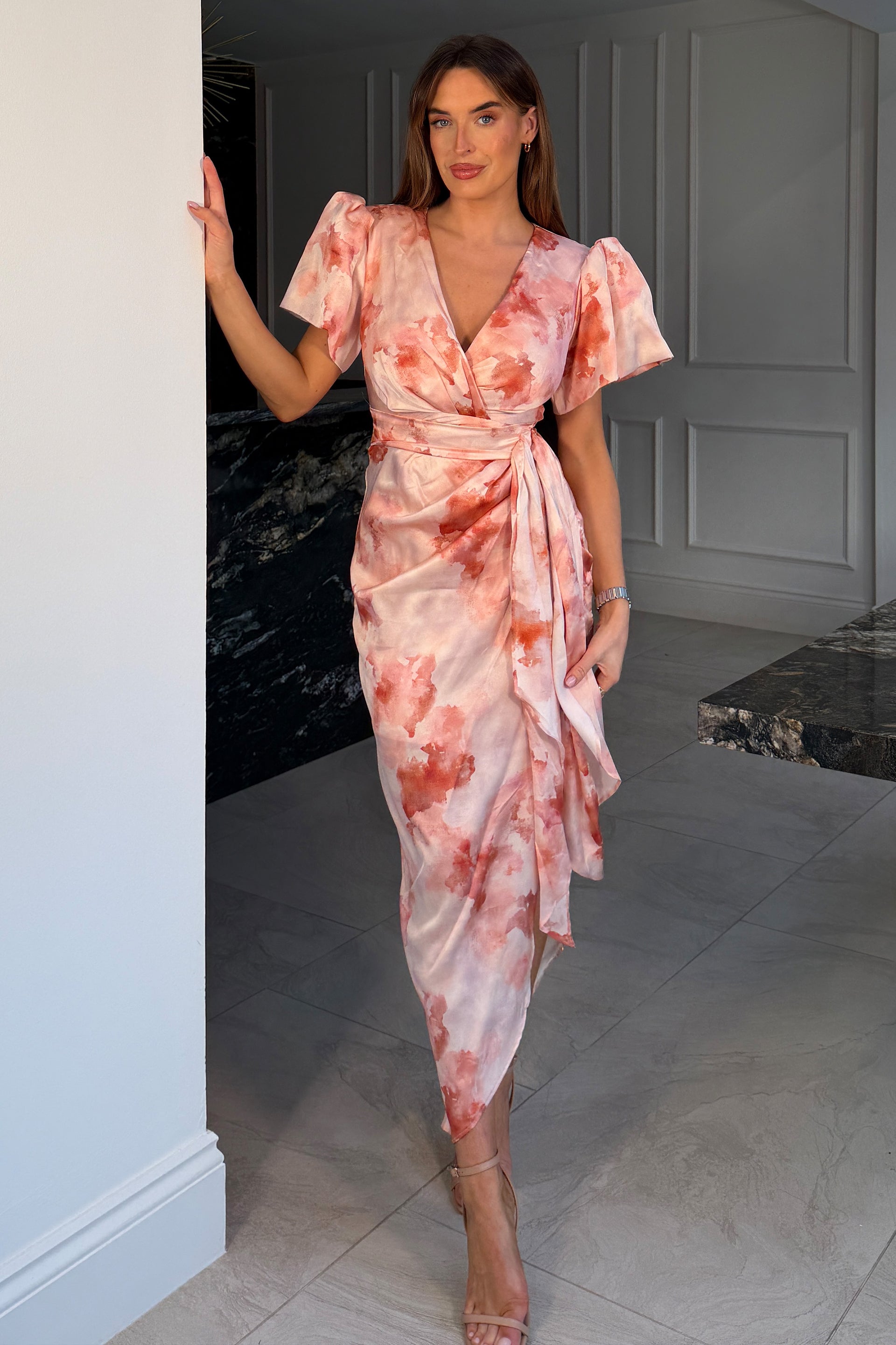 Drew Puff Sleeve Wrap Front Midi Dress Blush Marble