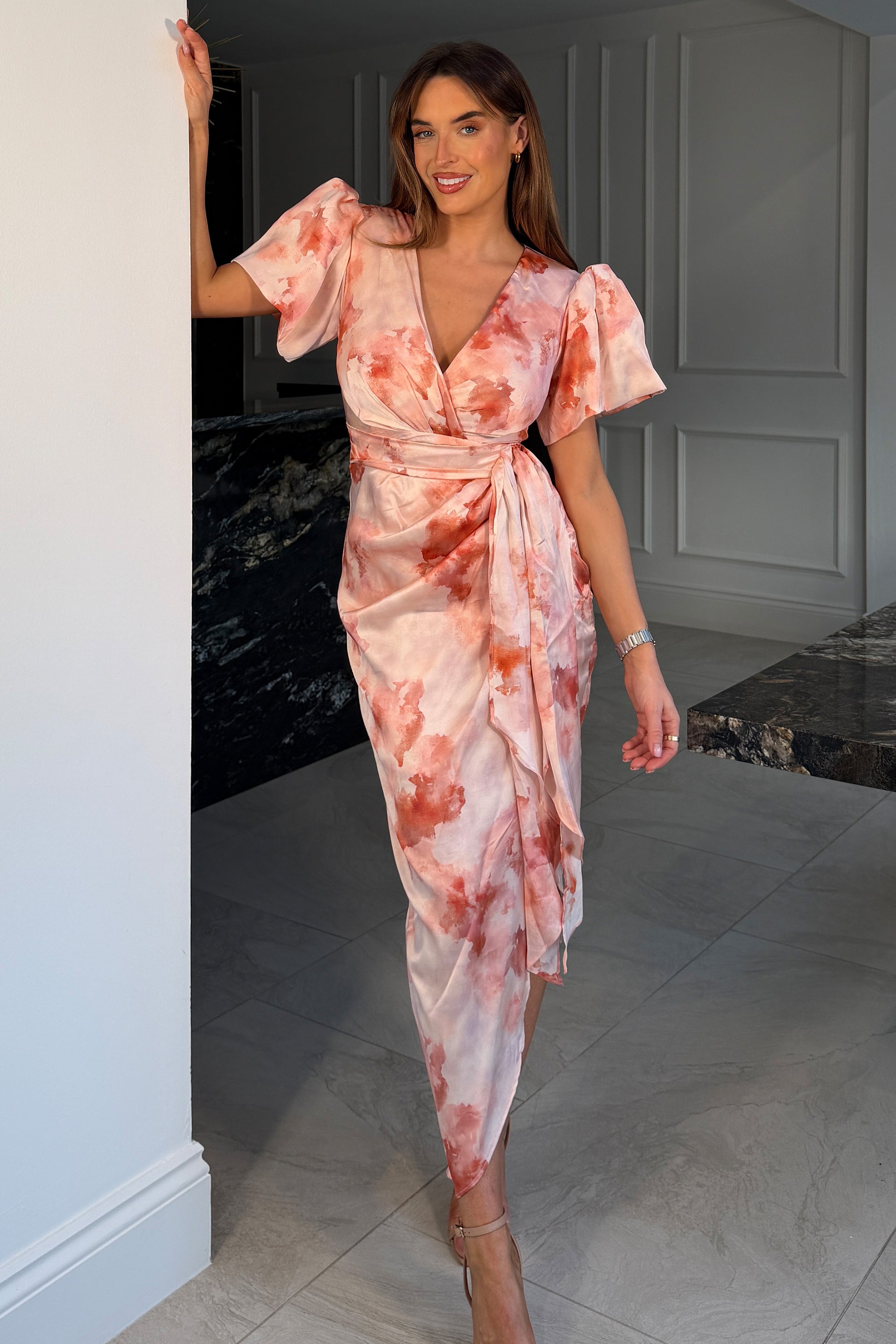 Drew Puff Sleeve Wrap Front Midi Dress Blush Marble