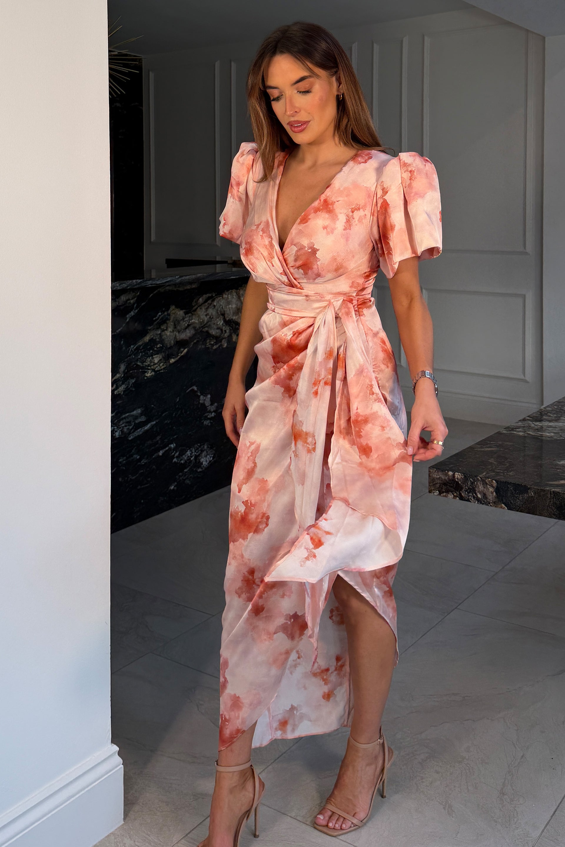 Drew Puff Sleeve Wrap Front Midi Dress Blush Marble
