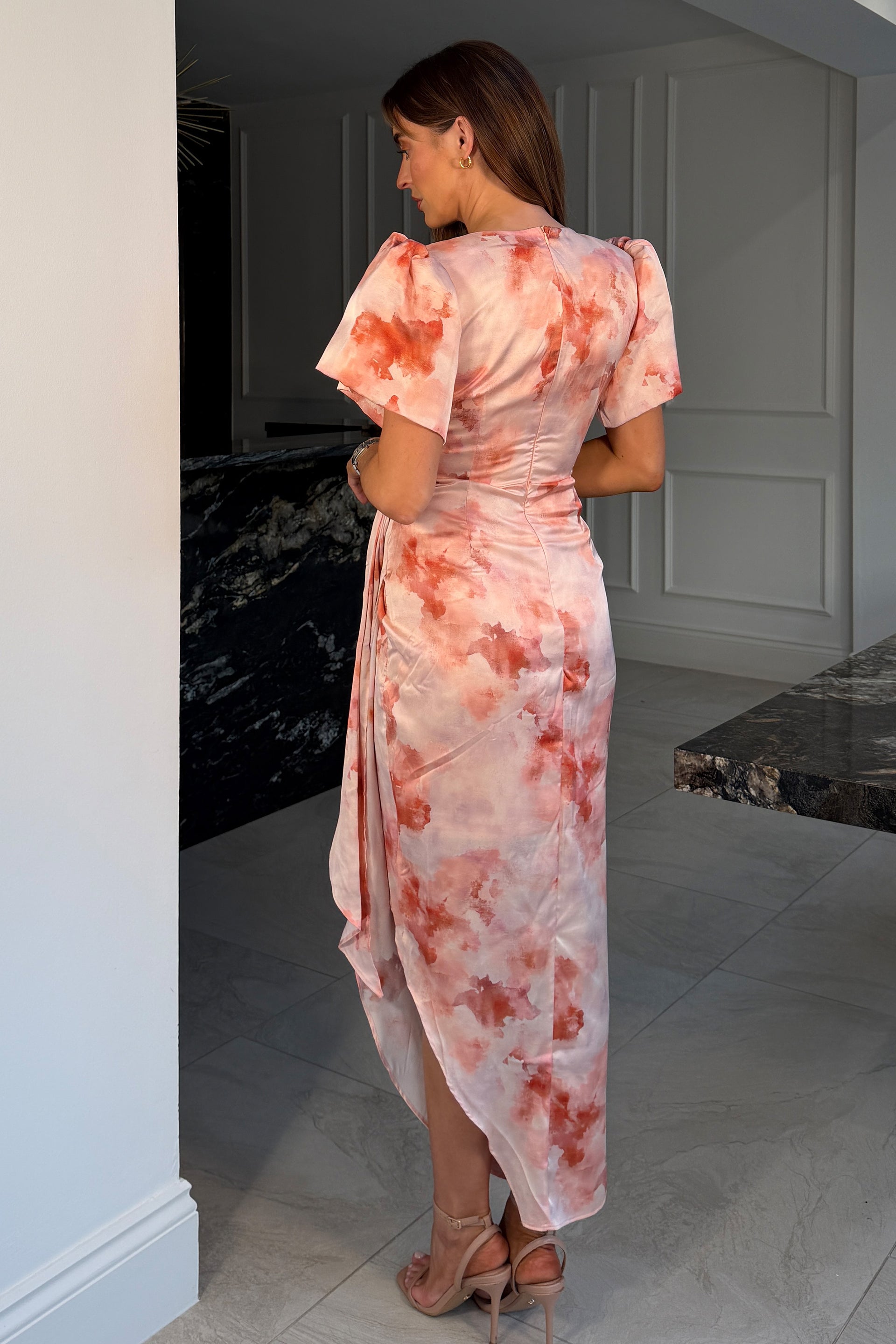 Drew Puff Sleeve Wrap Front Midi Dress Blush Marble