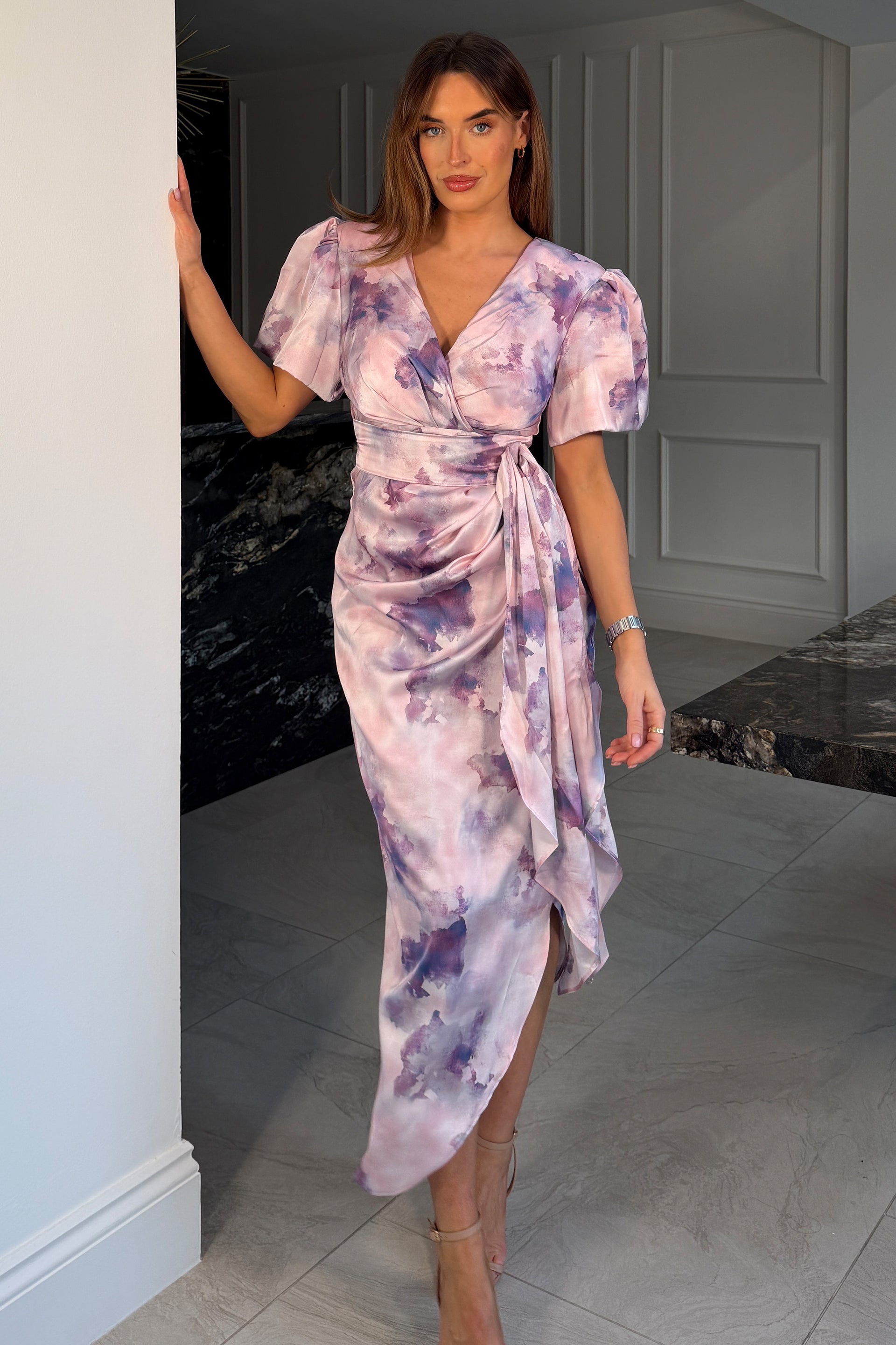 Drew Puff Sleeve Wrap Front Midi Dress Purple Marble – Girl In Mind
