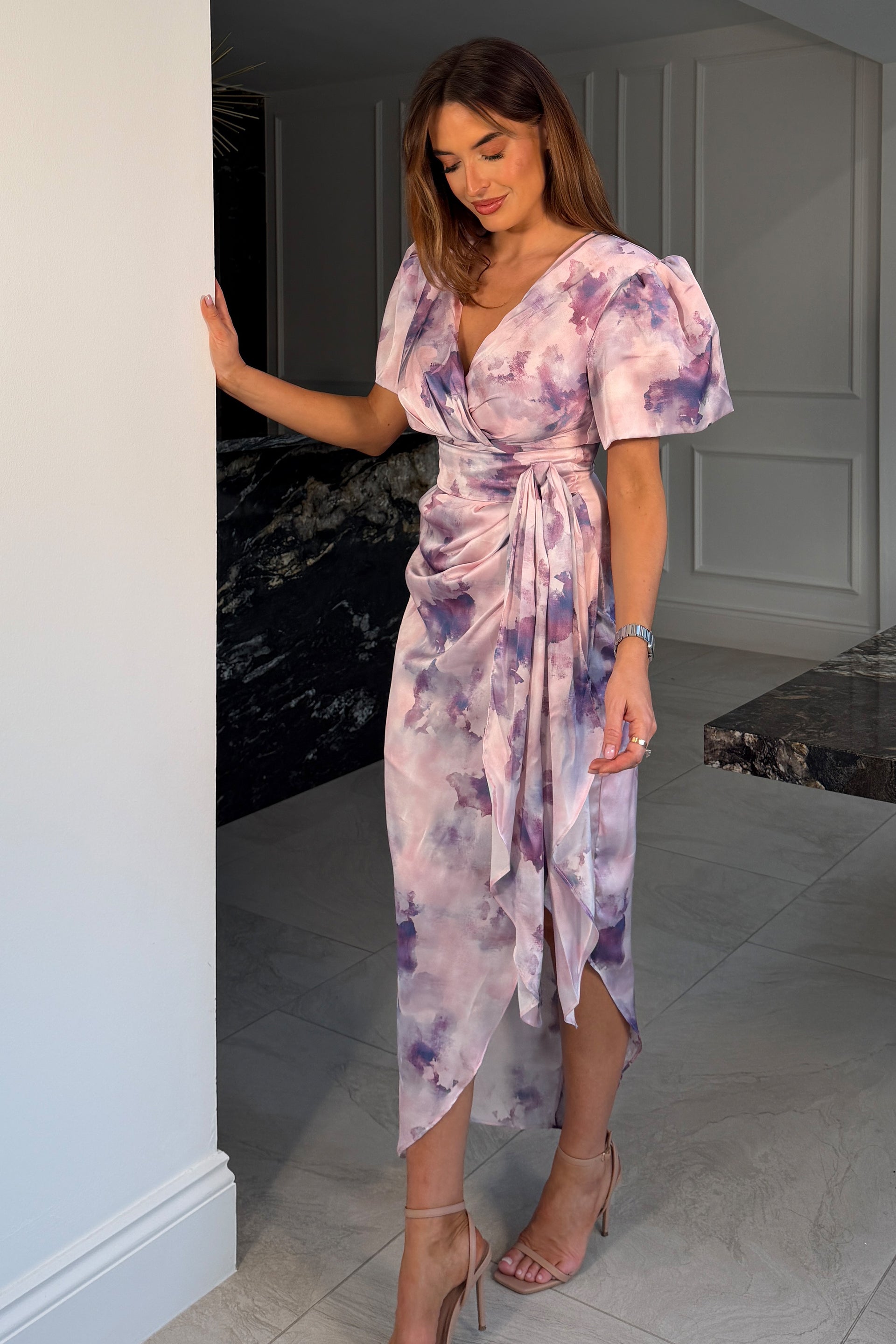 Drew Puff Sleeve Wrap Front Midi Dress Purple Marble