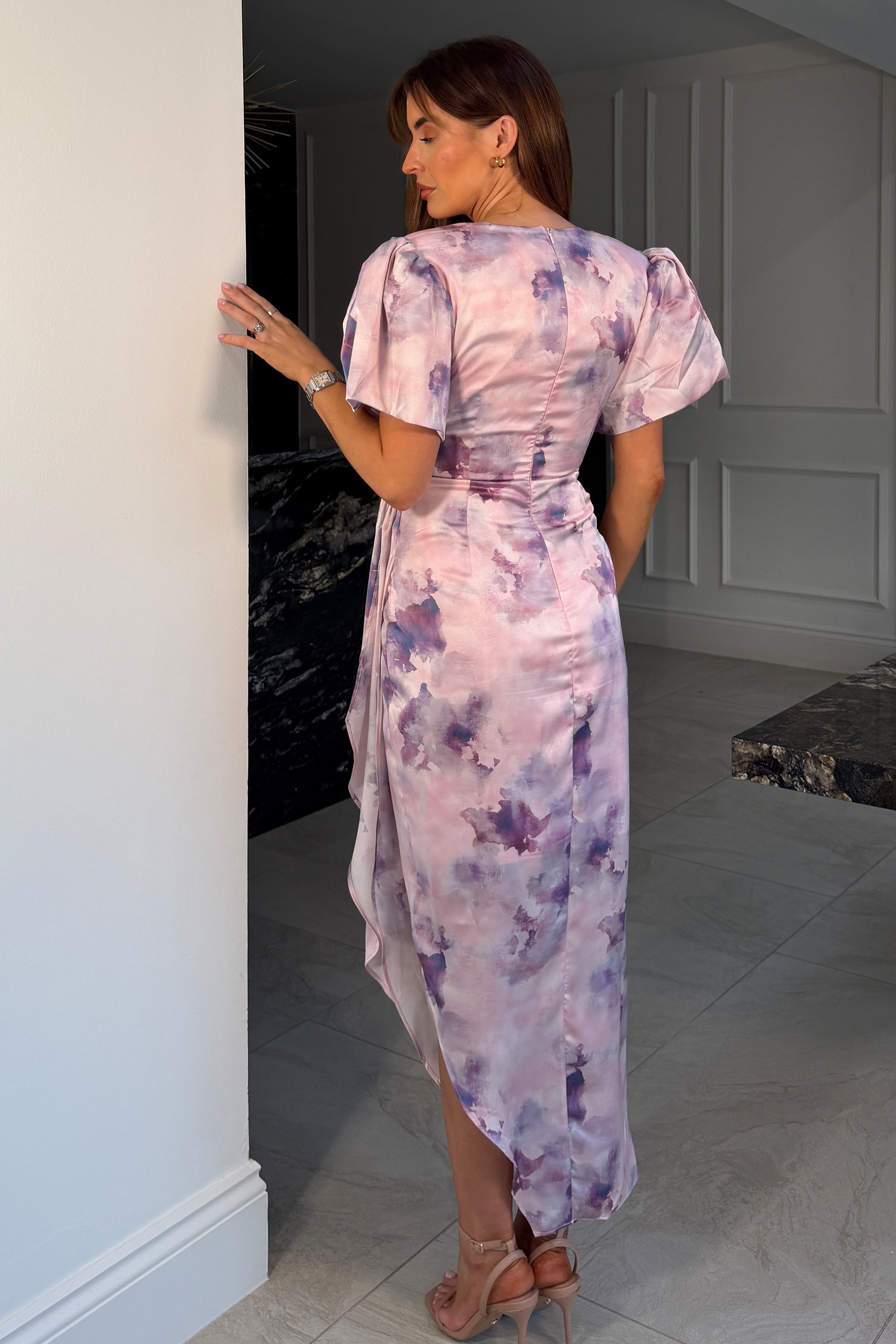 Drew Puff Sleeve Wrap Front Midi Dress Purple Marble Girl In Mind Drew Puff Sleeve Wrap Front Midi Dress Purple Marble Girl In Mind