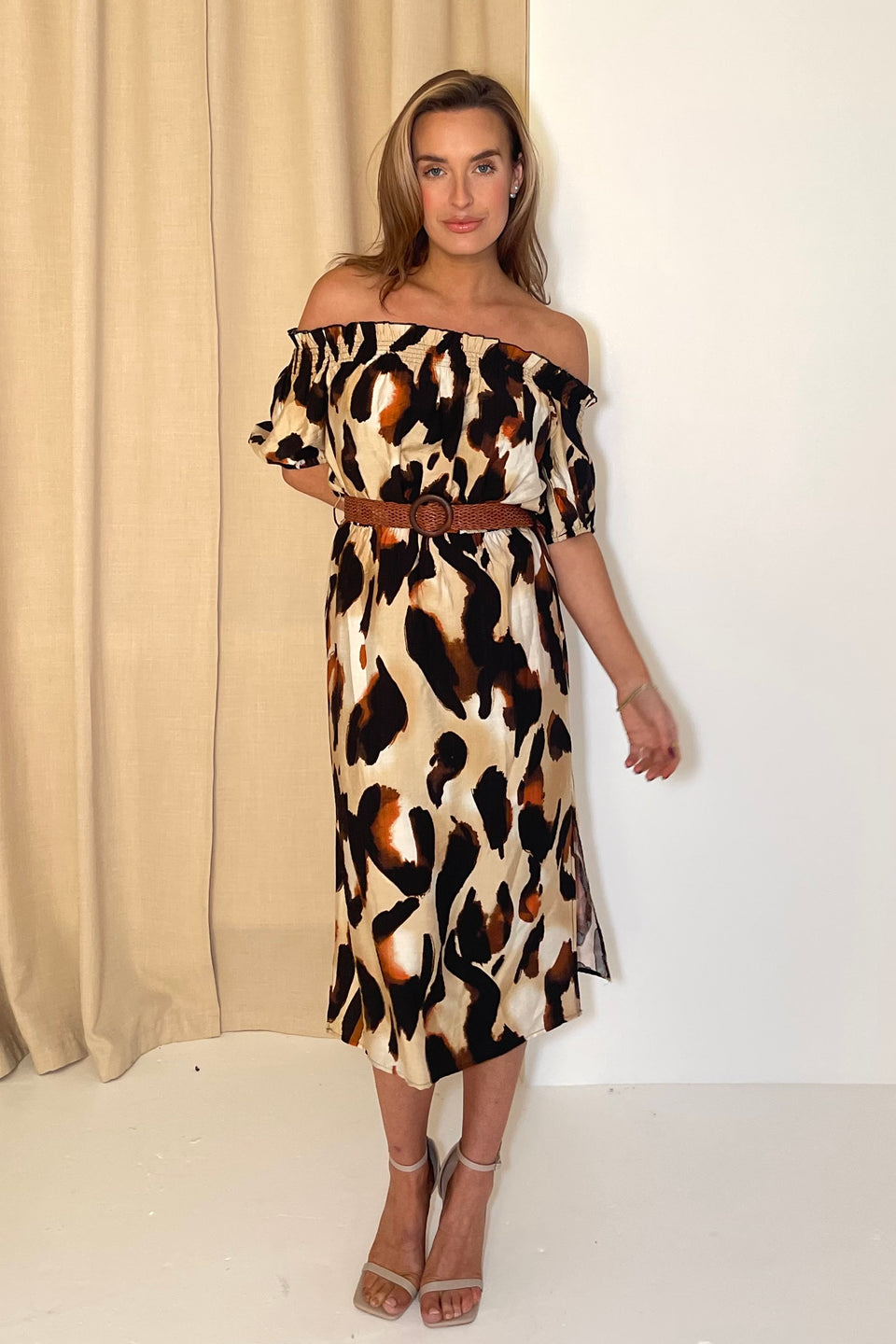 Jordana Off the Shoulder Midi Dress Brown Animal