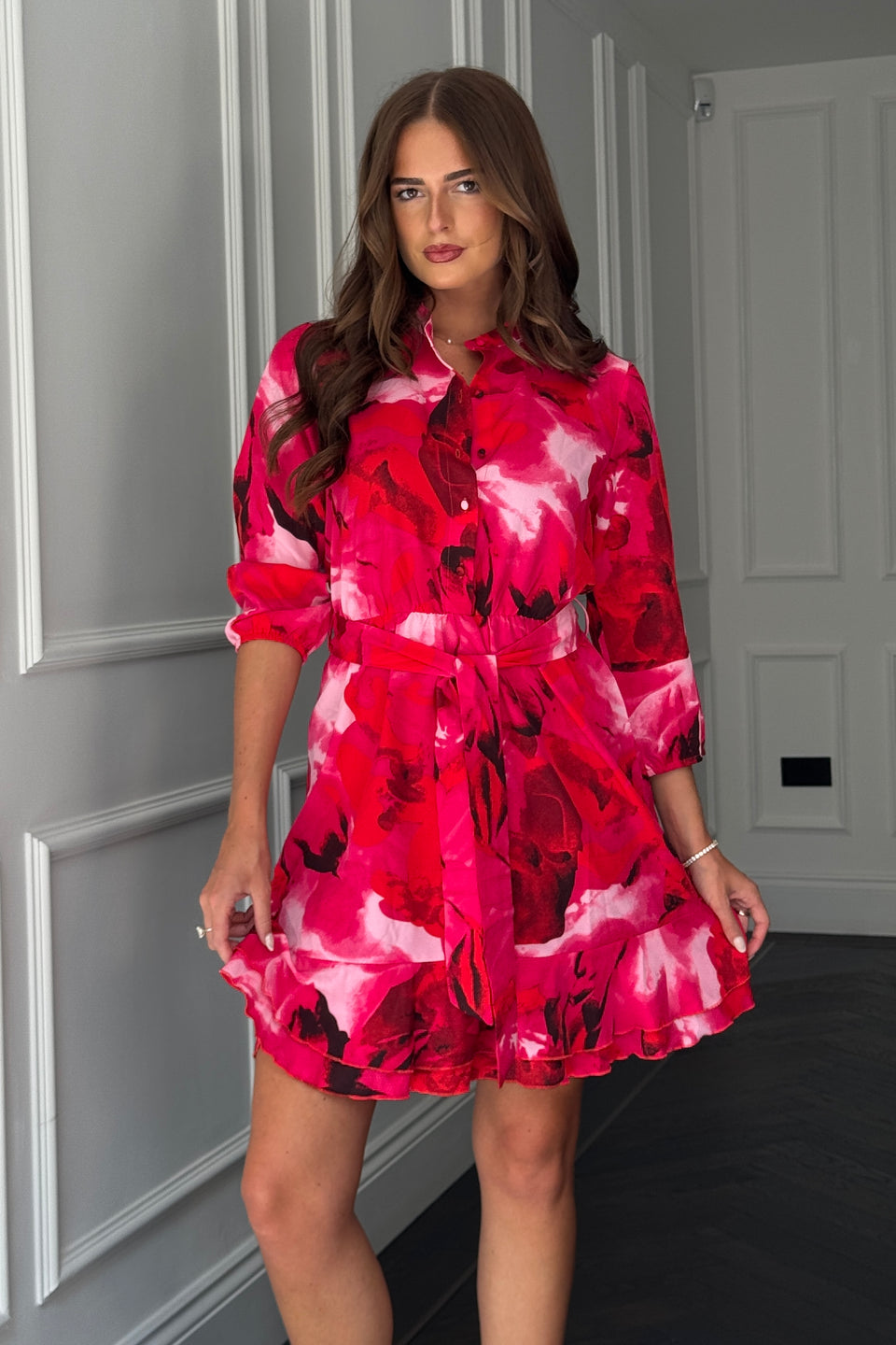 Ashton Pink Floral Frill Skirt Mini Dress