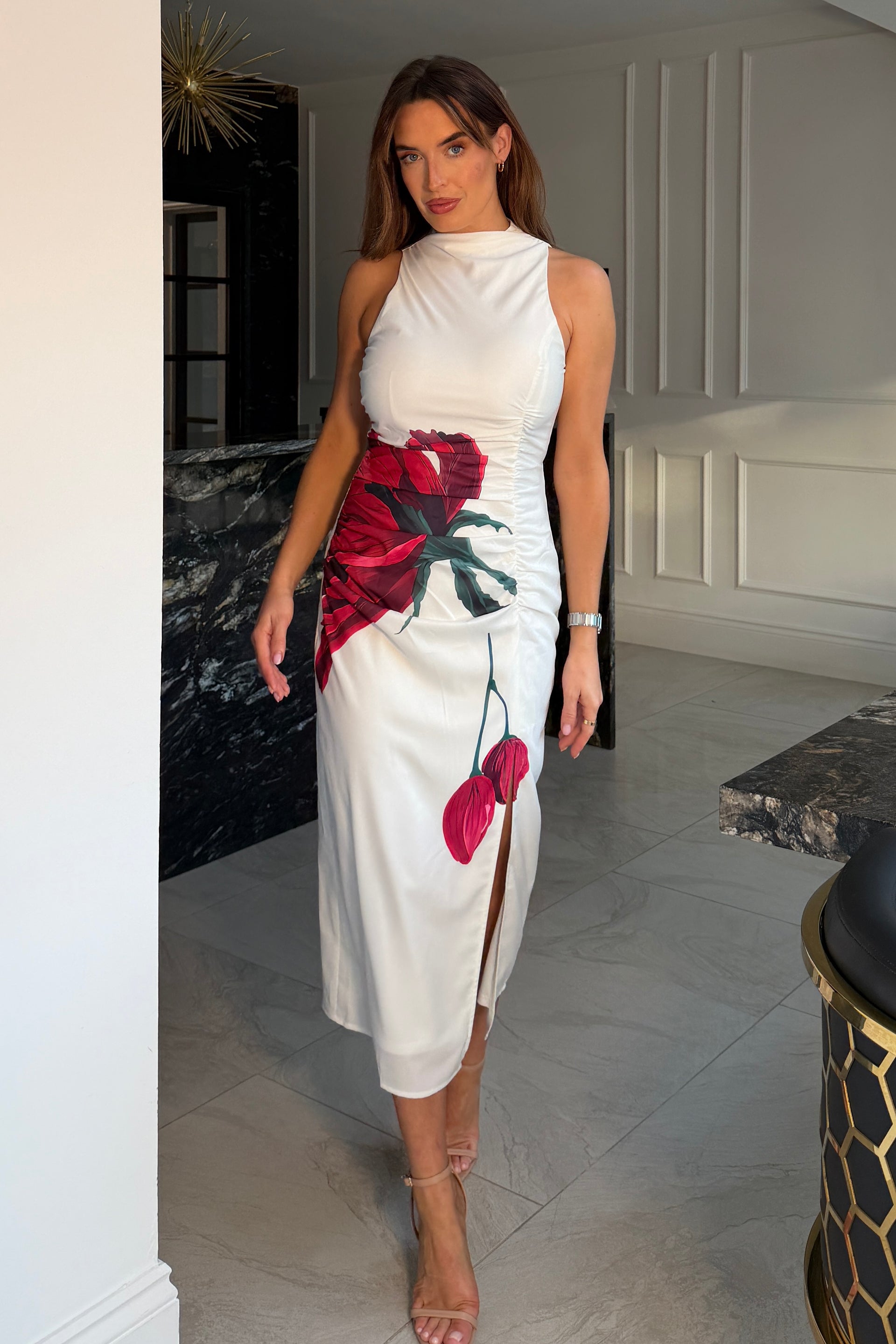 Marta Large Floral High Neck Ruched Detail Midi Dress