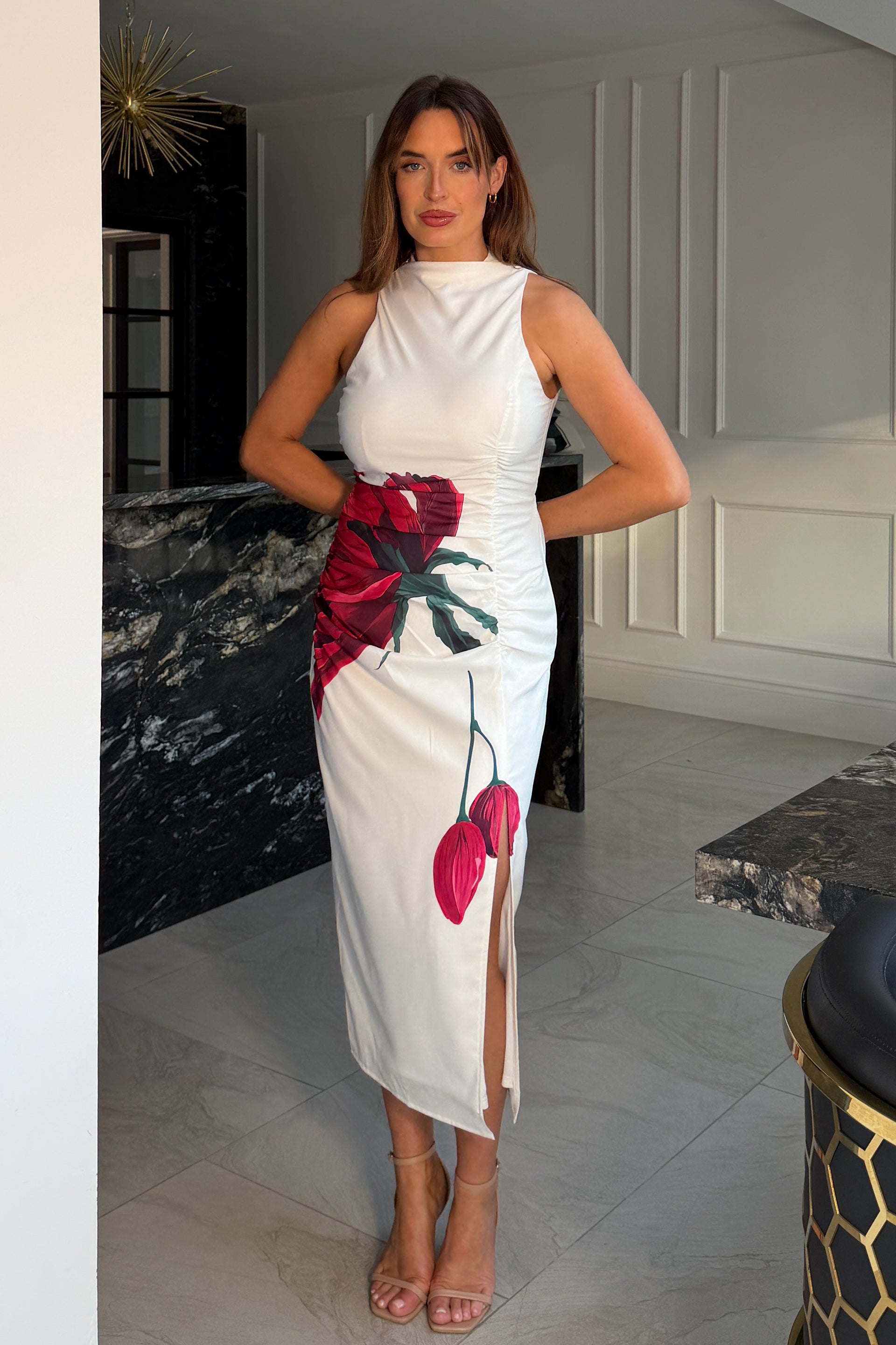 Marta Large Floral High Neck Ruched Detail Midi Dress