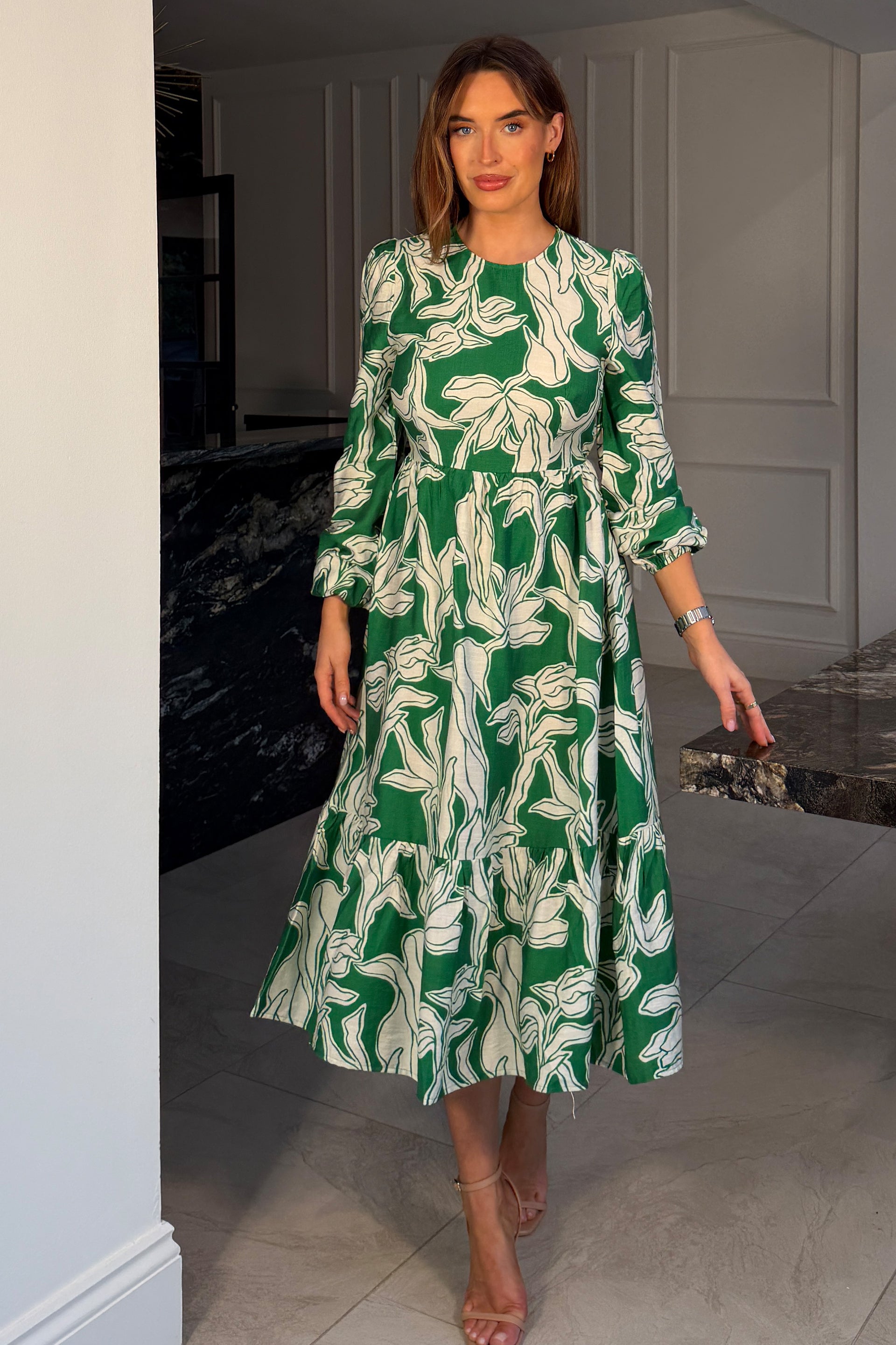 May Long Sleeve Tiered Midi Dress Green