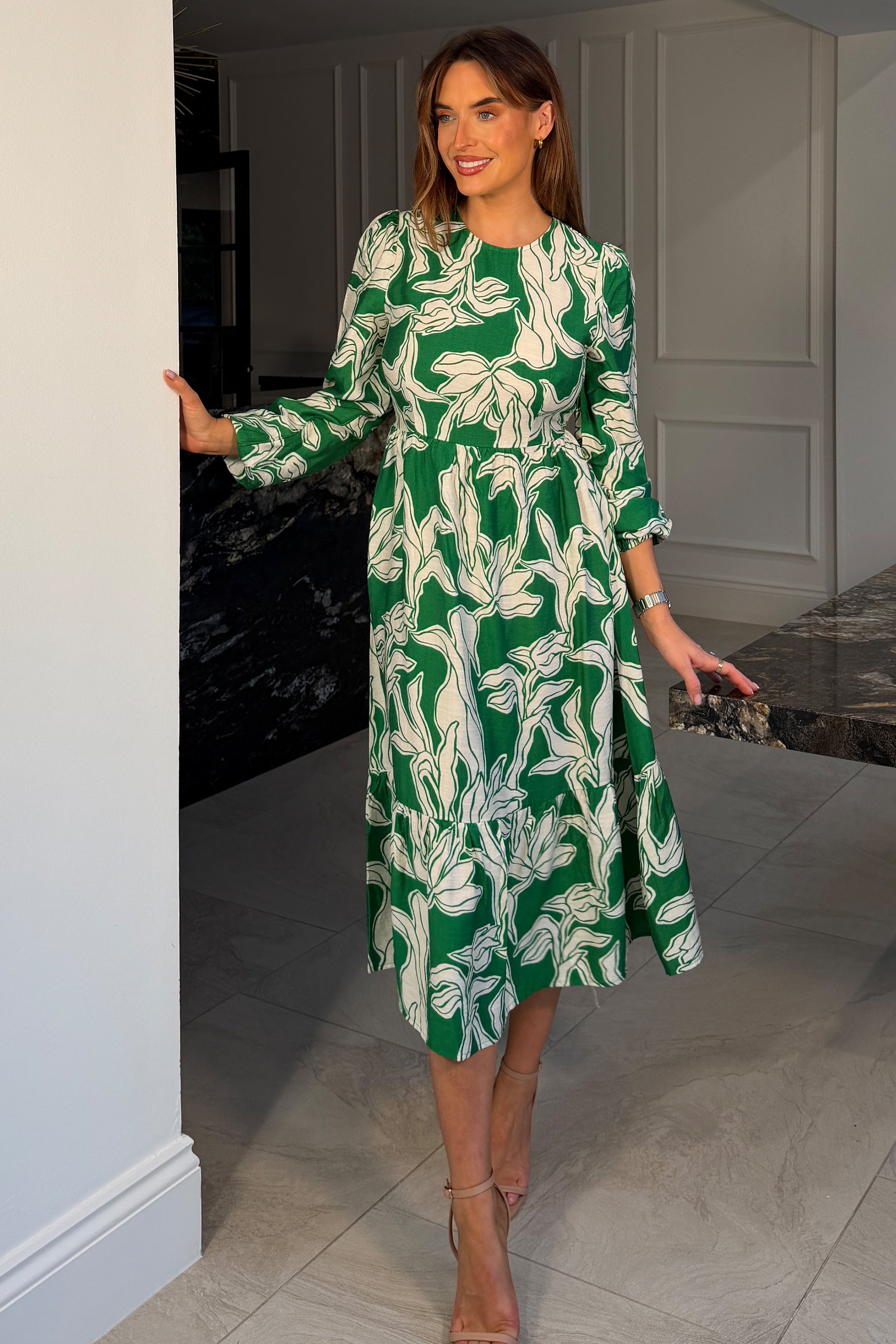 May Long Sleeve Tiered Midi Dress Green
