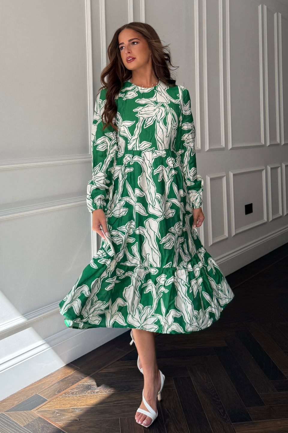 May Long Sleeve Tiered Midi Dress Green