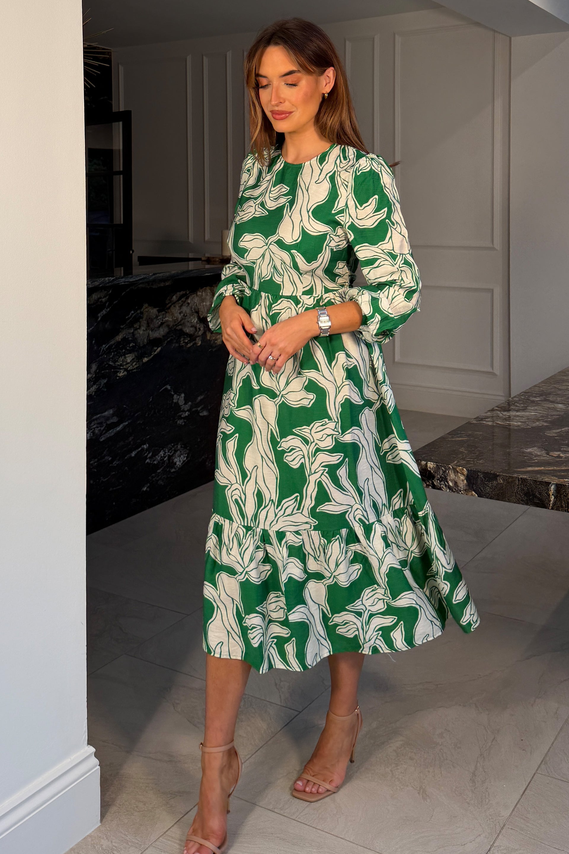 May Long Sleeve Tiered Midi Dress Green Girl In Mind May Long Sleeve Tiered Midi Dress Green Girl In Mind