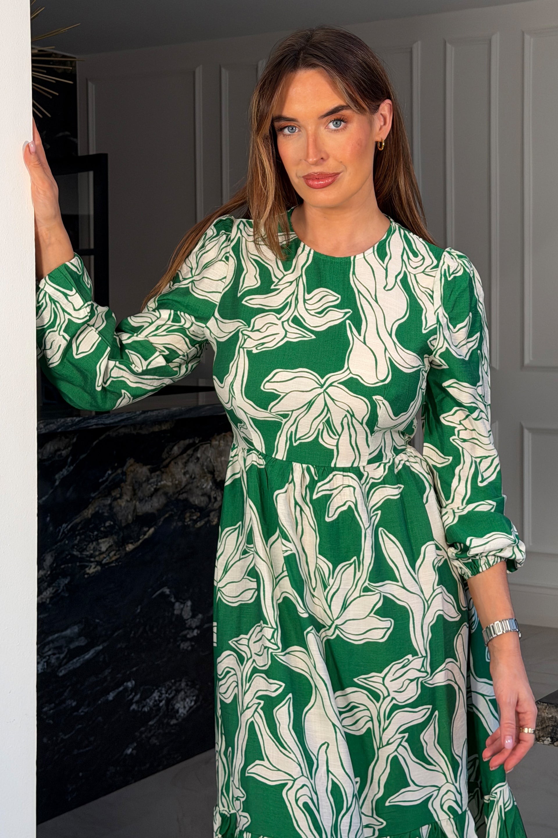 May Long Sleeve Tiered Midi Dress Green