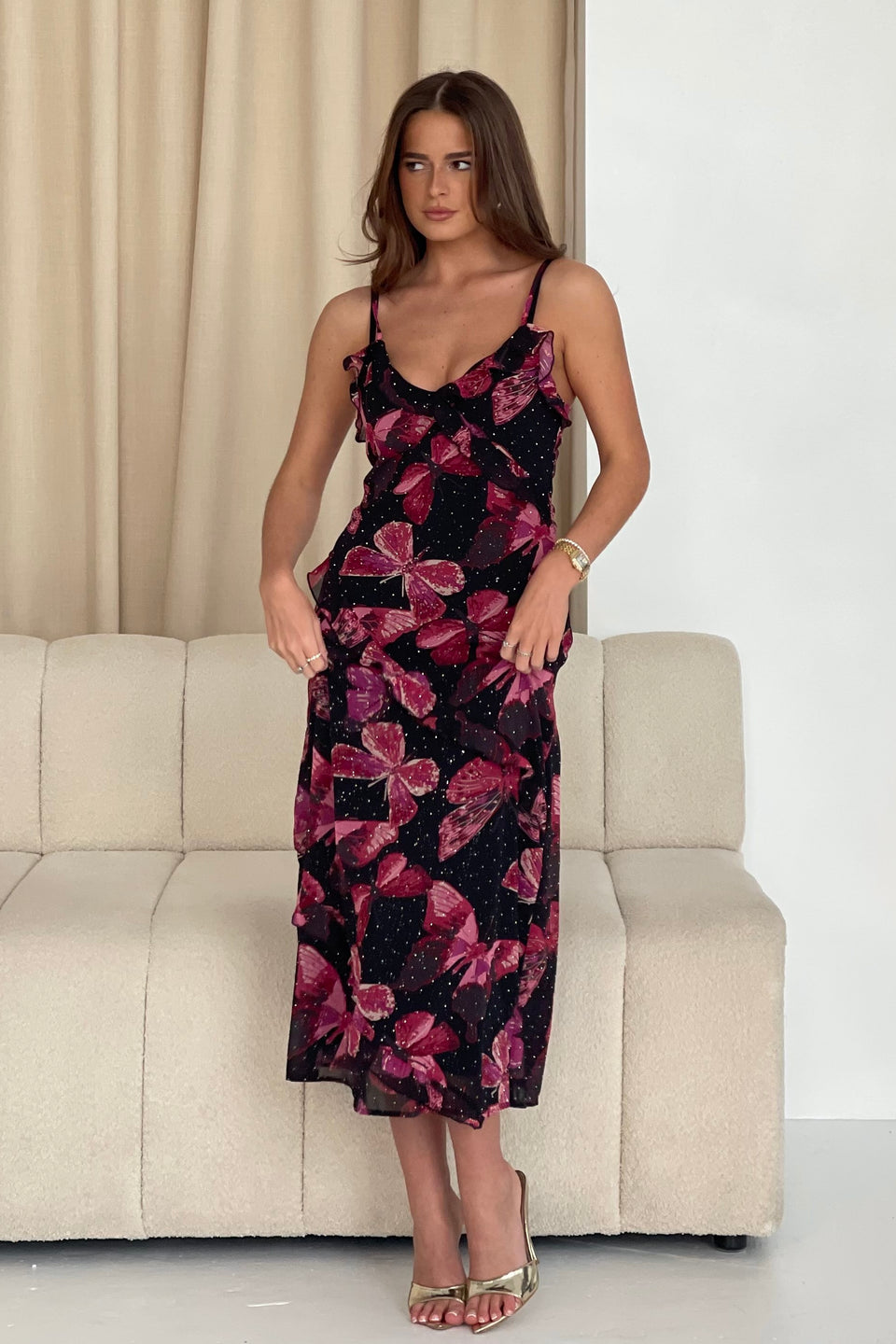 Ainsley Frill Detail Diamond Butterfly Print Midi Dress Black
