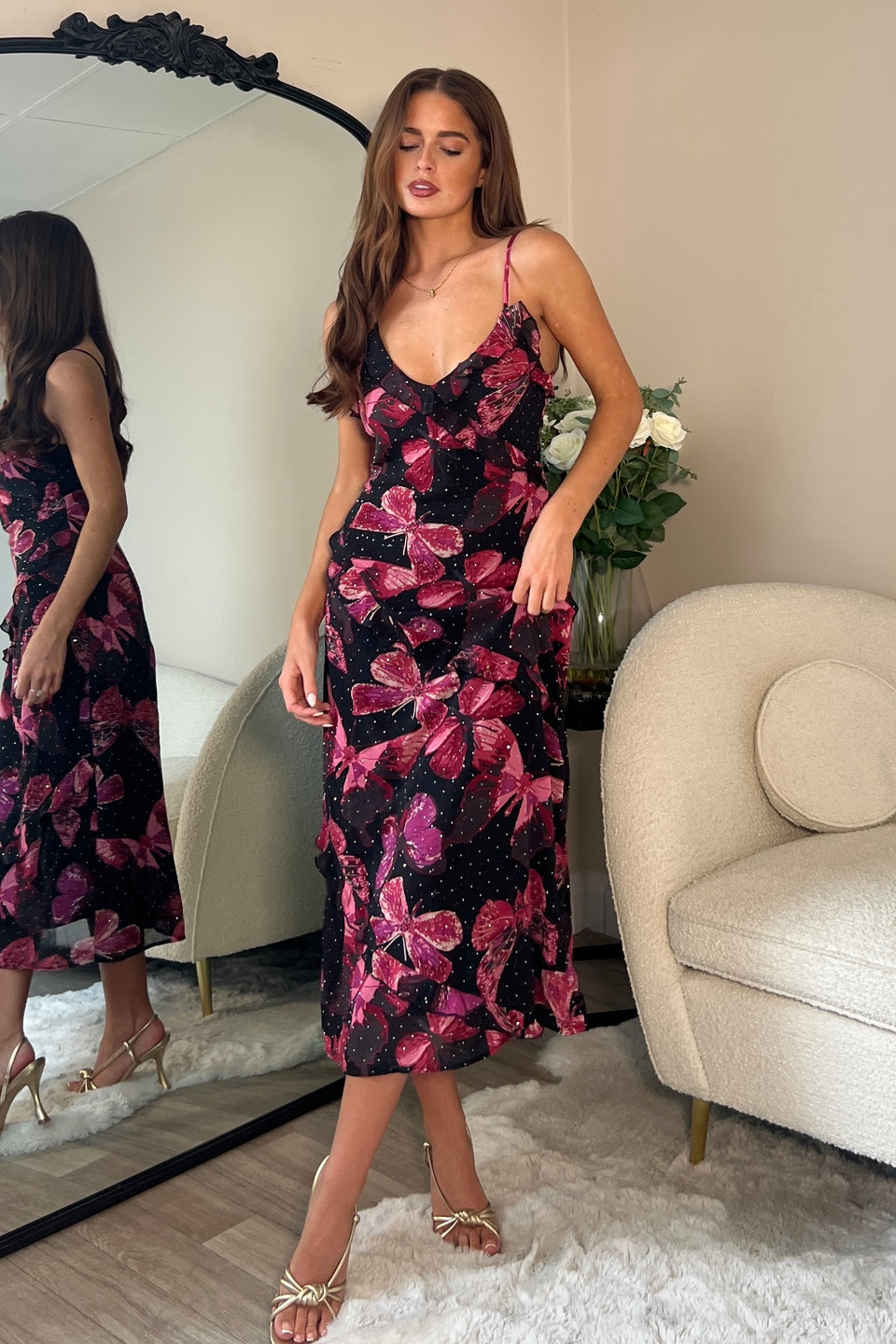 Ainsley Frill Detail Diamond Butterfly Print Midi Dress Black