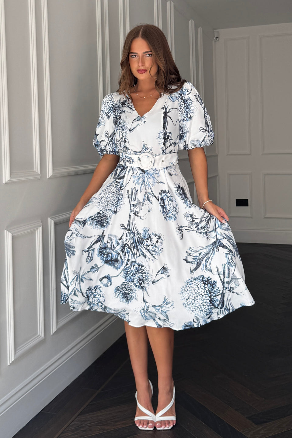 Bryn V Neck Puff Sleeve Belted Midi Dress Blue Floral