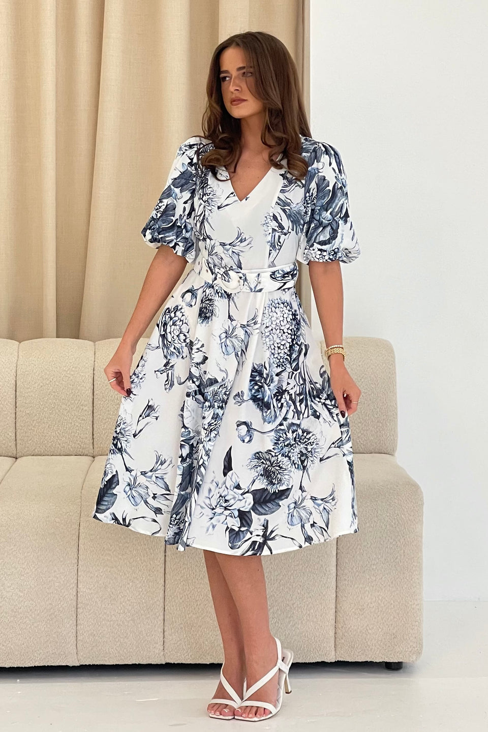 Bryn V Neck Puff Sleeve Belted Midi Dress Blue Floral