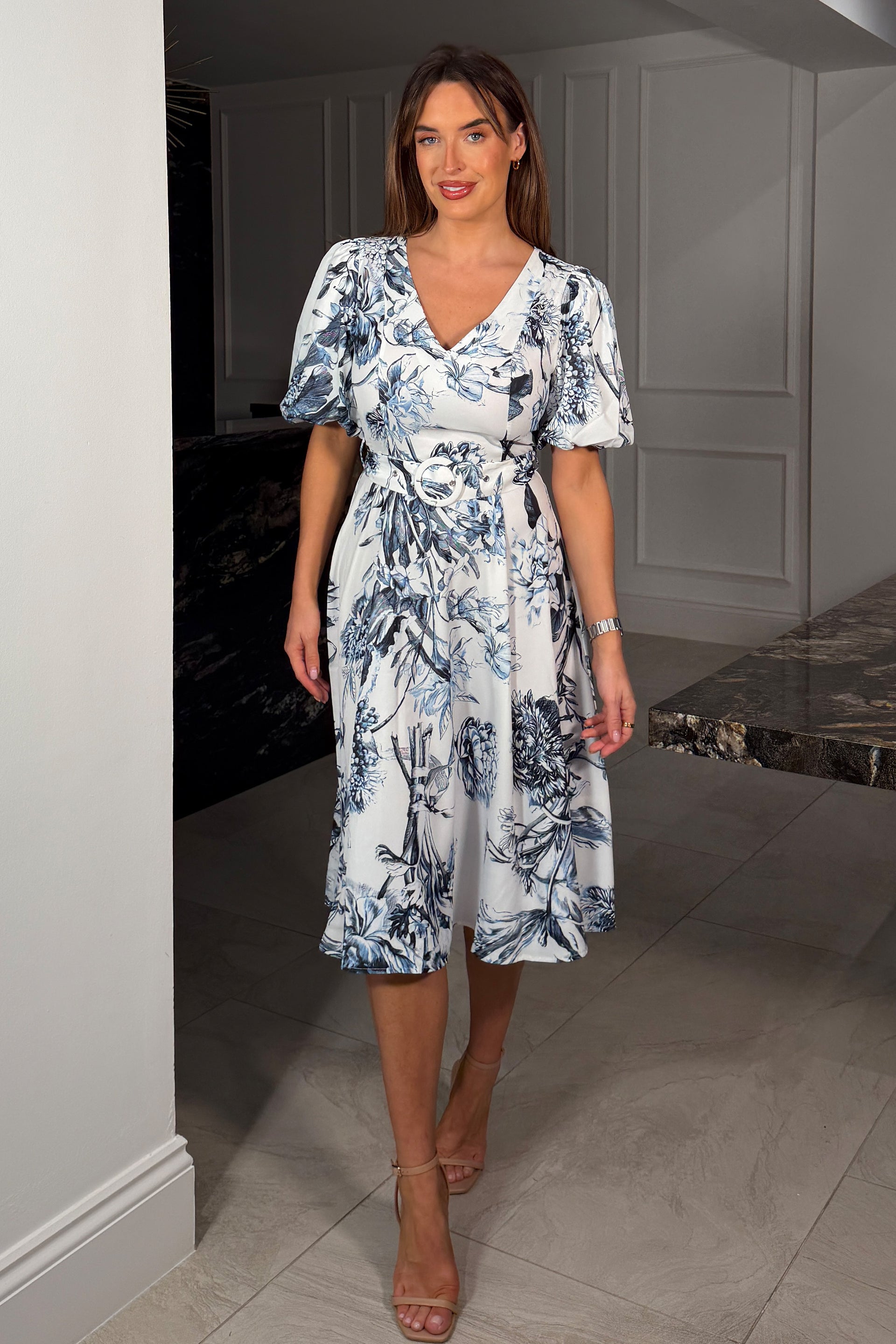 Bryn V Neck Puff Sleeve Belted Midi Dress Blue Floral