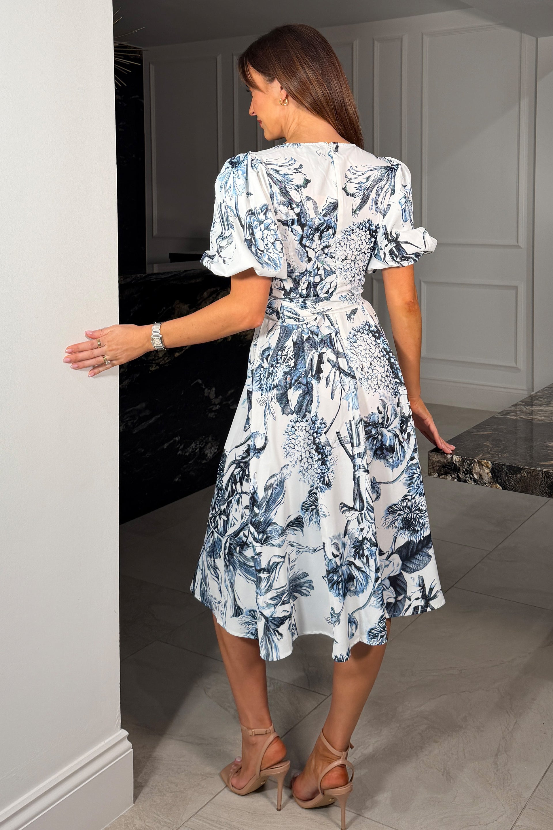 Bryn V Neck Puff Sleeve Belted Midi Dress Blue Floral
