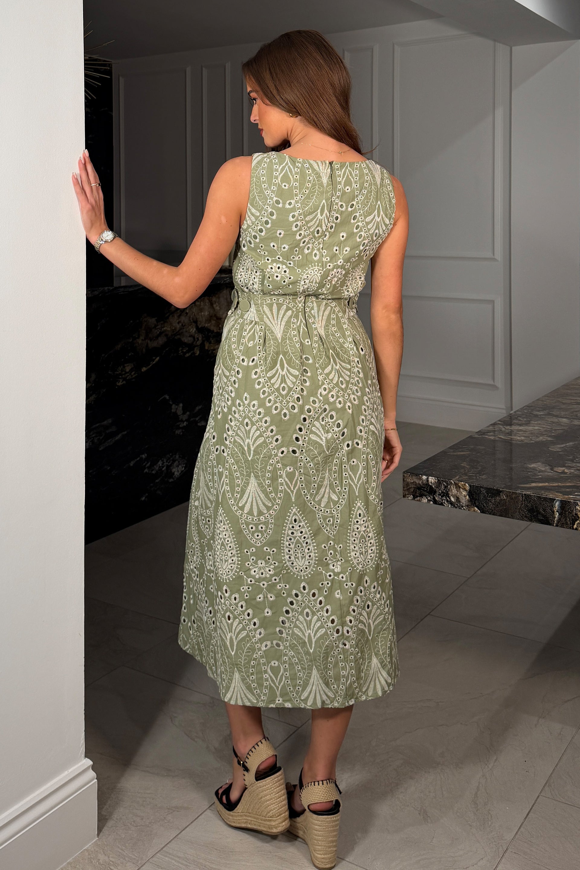 Monroe Adjustable Waist Midi Sundress In Green Broidery