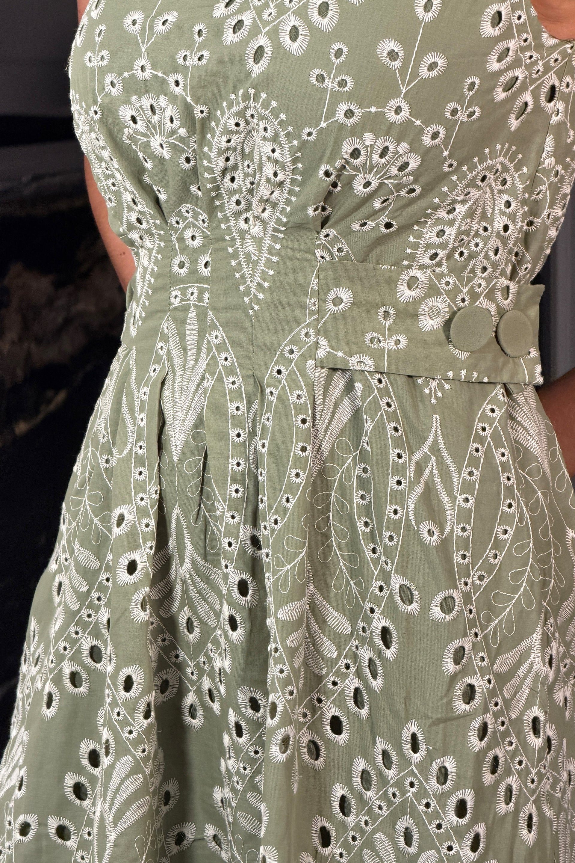 Monroe Adjustable Waist Midi Sundress In Green Broidery